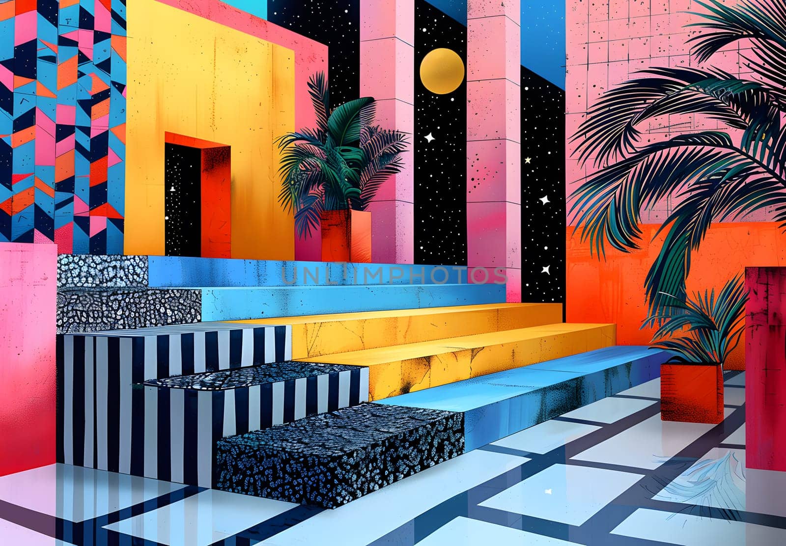 A vibrant room with stairs adorned with a palm tree in a magenta flowerpot by Nadtochiy