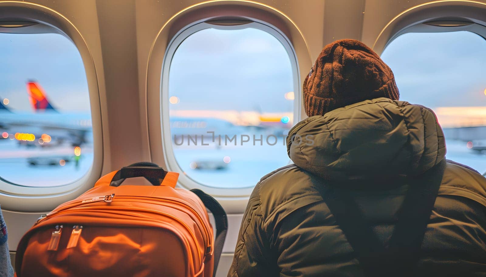 A traveler with a backpack sits inside an airplane, gazing out of the window at the scenic landscape below. They admire the water, buildings, and vehicles passing by during their air travel journey