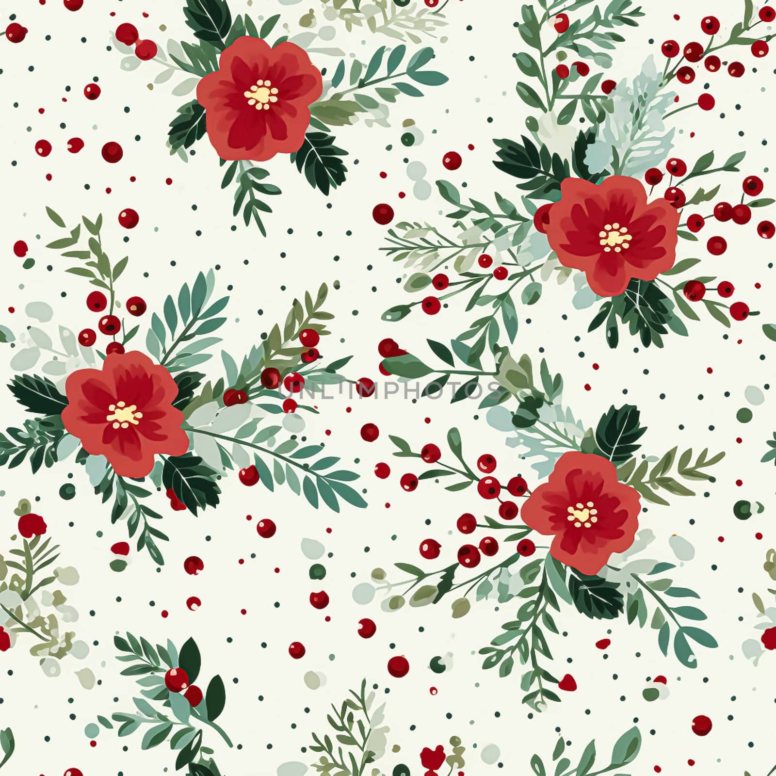 Seamless pattern, tileable Christmas holiday floral country dots print, English countryside flowers for wallpaper, wrapping paper, scrapbook, fabric and product design by Anneleven