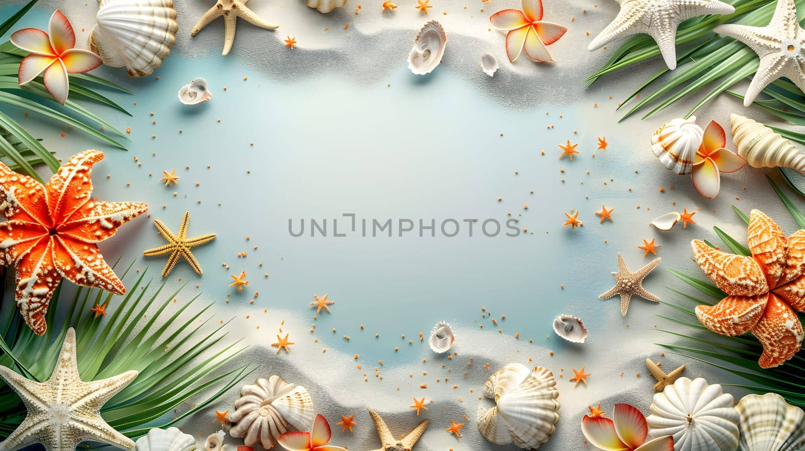 Artistic circle of seashells, starfish, flowers, and palm leaves on sandy beach by Nadtochiy