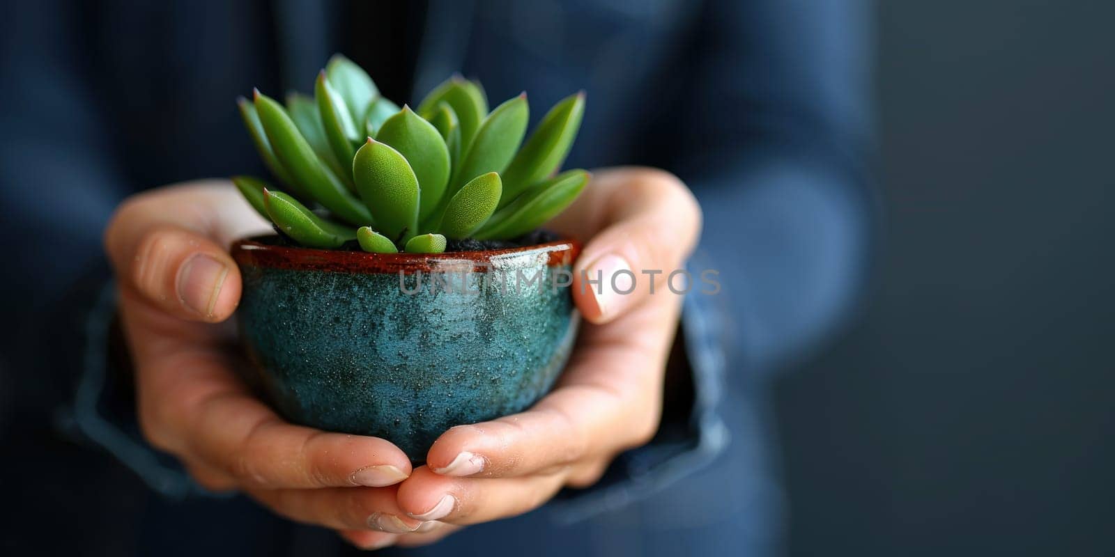 A person is holding a small plant in a blue pot.