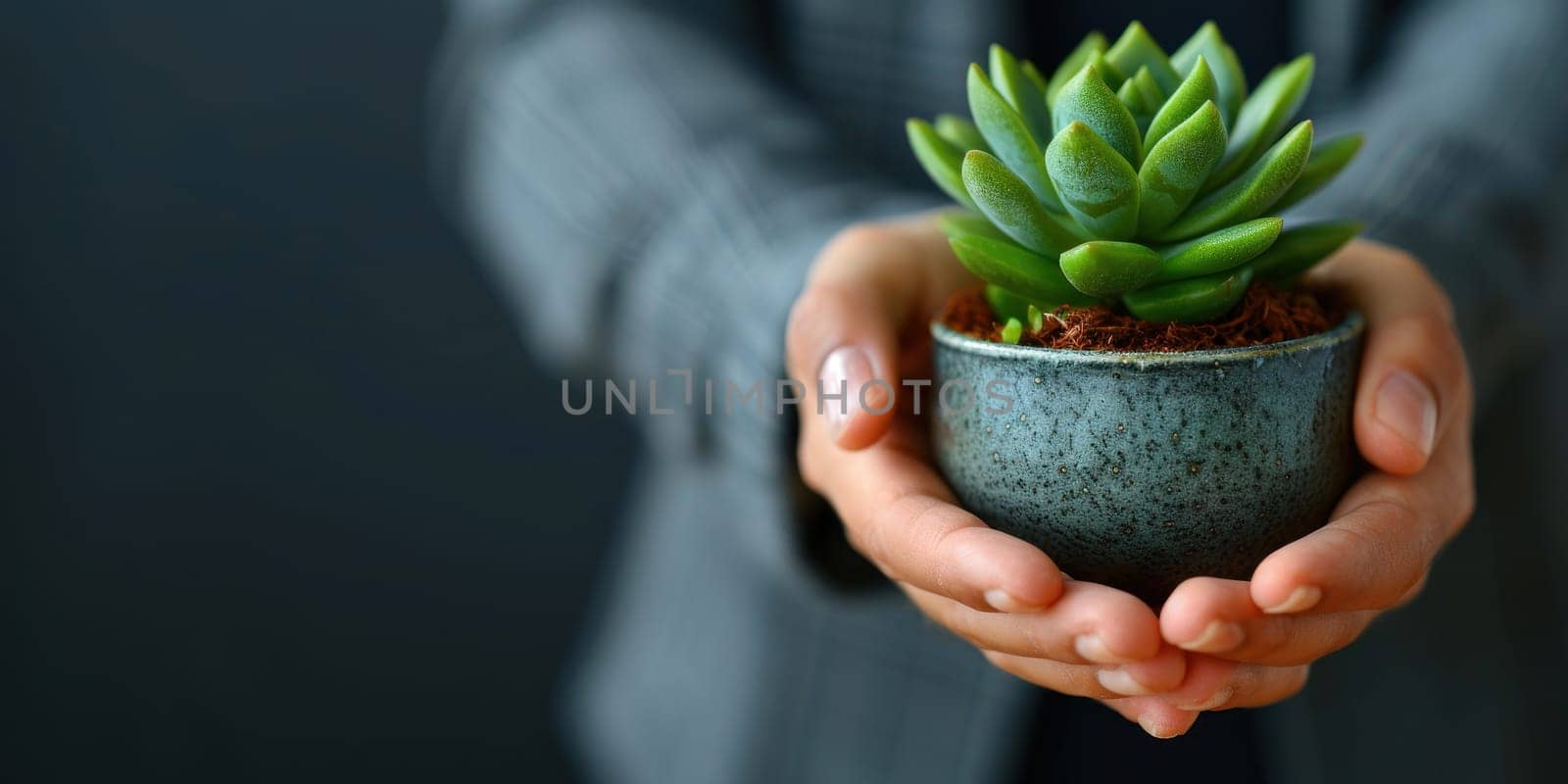A person is holding a small plant in a blue pot.