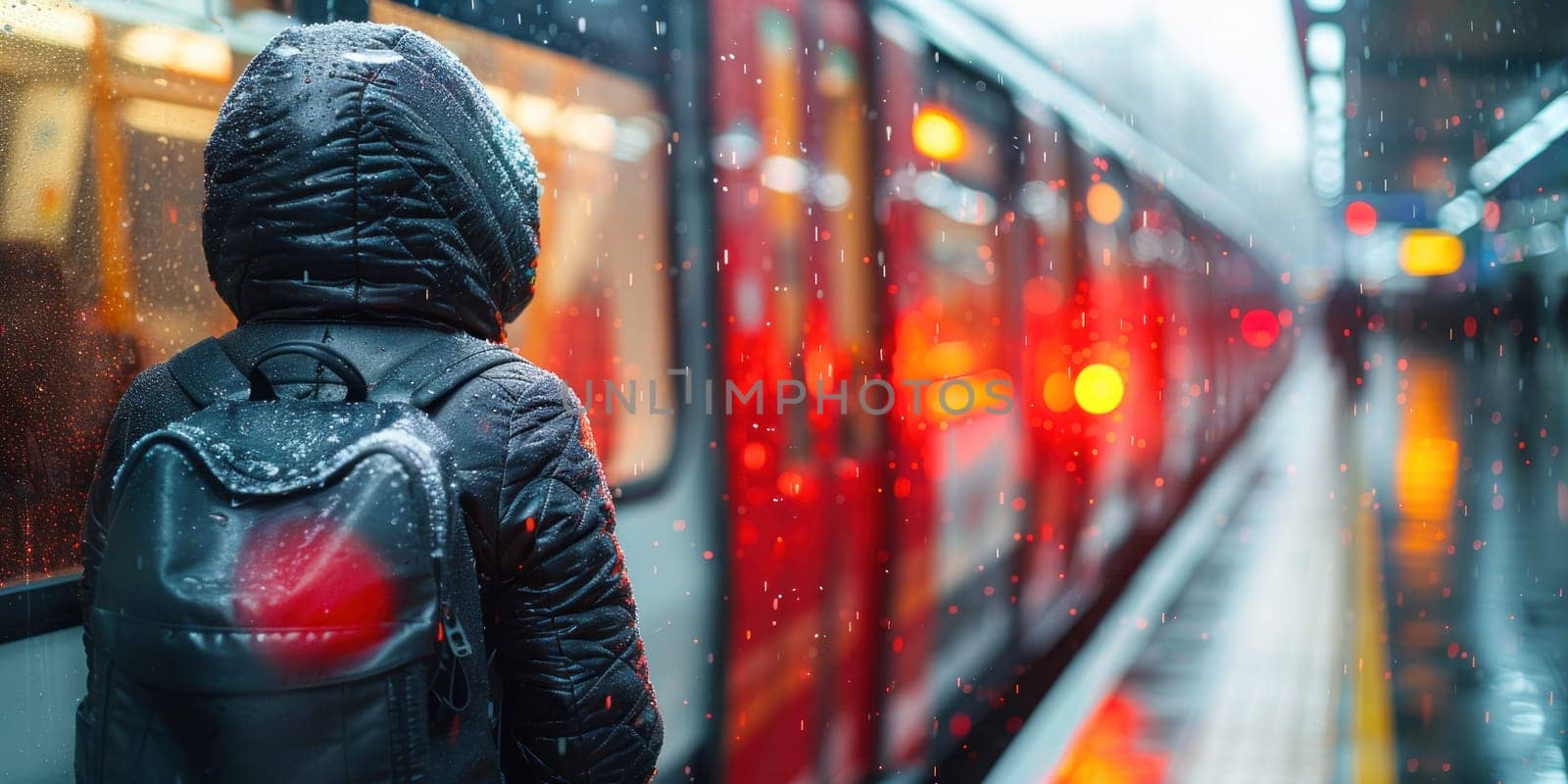 A red train with its doors open and a person walking in the rain by golfmerrymaker