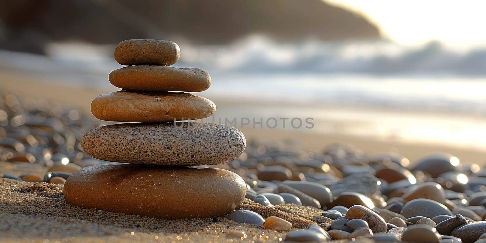 A stack of rocks on a beach. The rocks are of different sizes and are arranged in a pyramid shape. Concept of tranquility and peace, as the rocks are placed on the sand, creating a serene