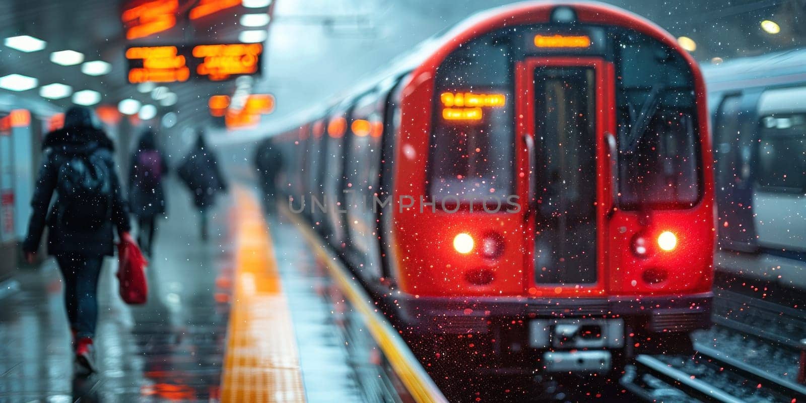 A red train with its doors open and a person walking in the rain.