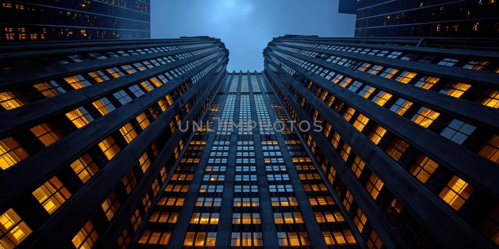 A city skyline with tall buildings and a cloudy sky. The buildings are lit up with yellow lights, creating a warm and inviting atmosphere. Concept of urban life and the hustle