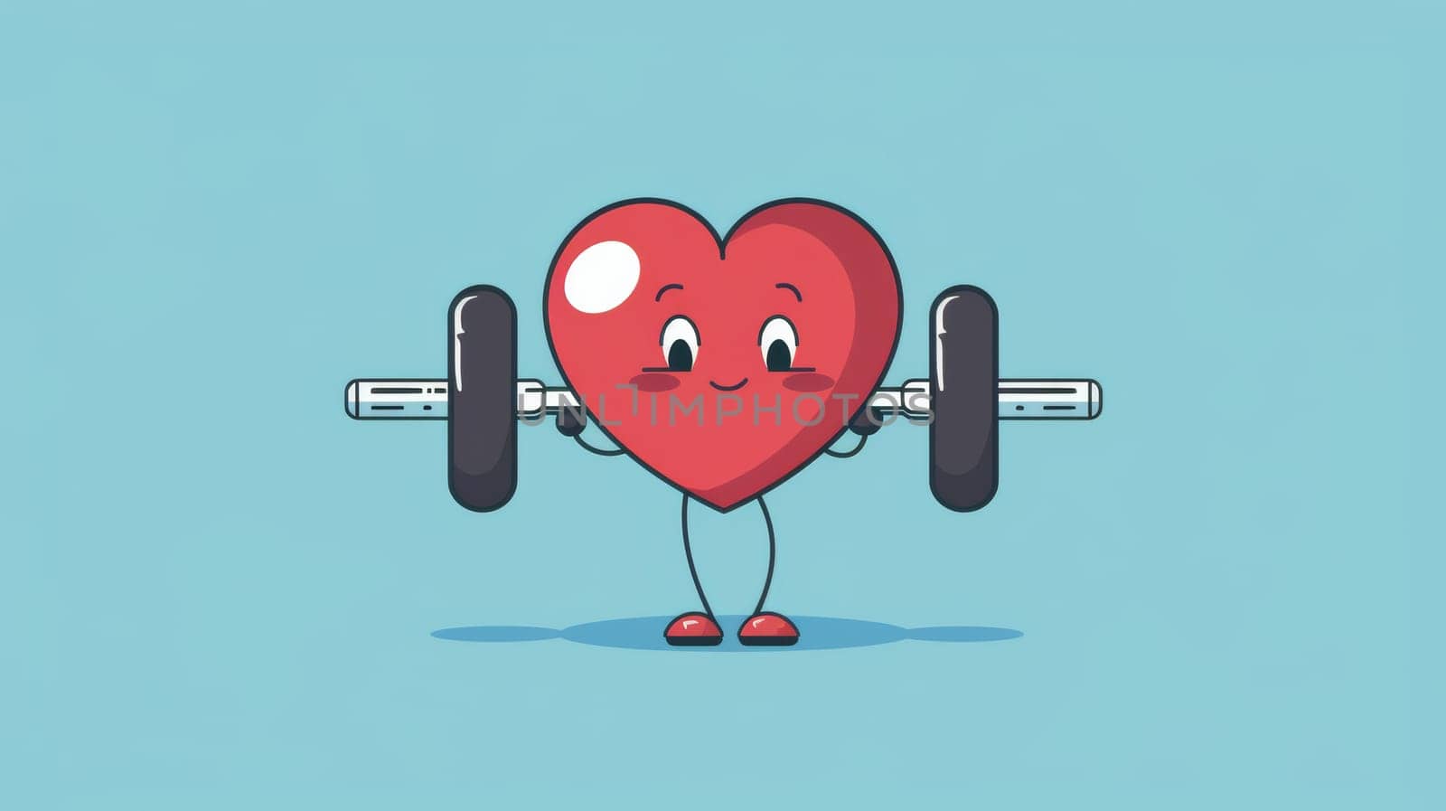 A heart character with arms and legs is shown in the image, actively holding a barbell. The heart appears to be engaged in weightlifting, showcasing strength and determination.