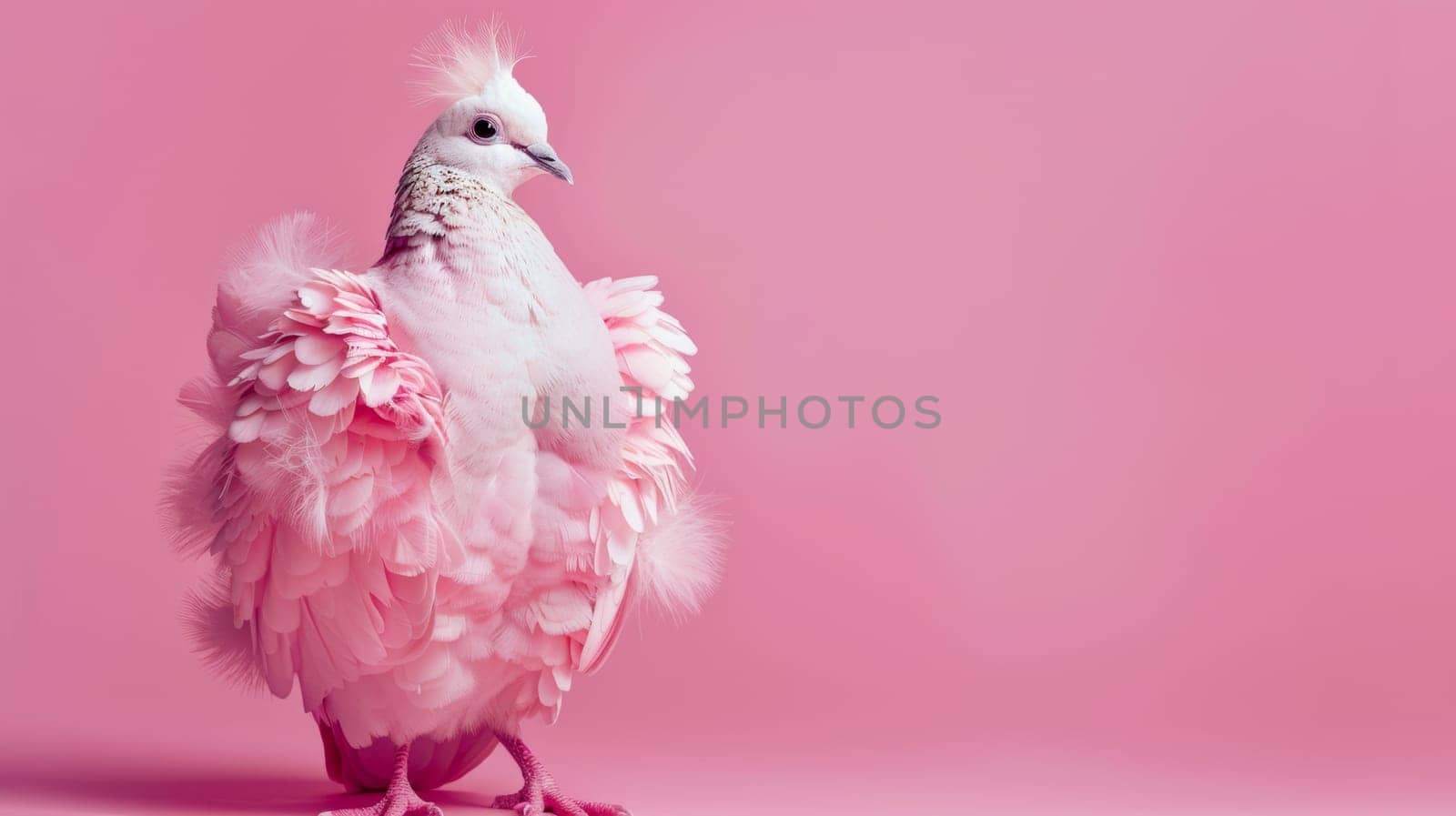 Elegant white pigeon against pink background.