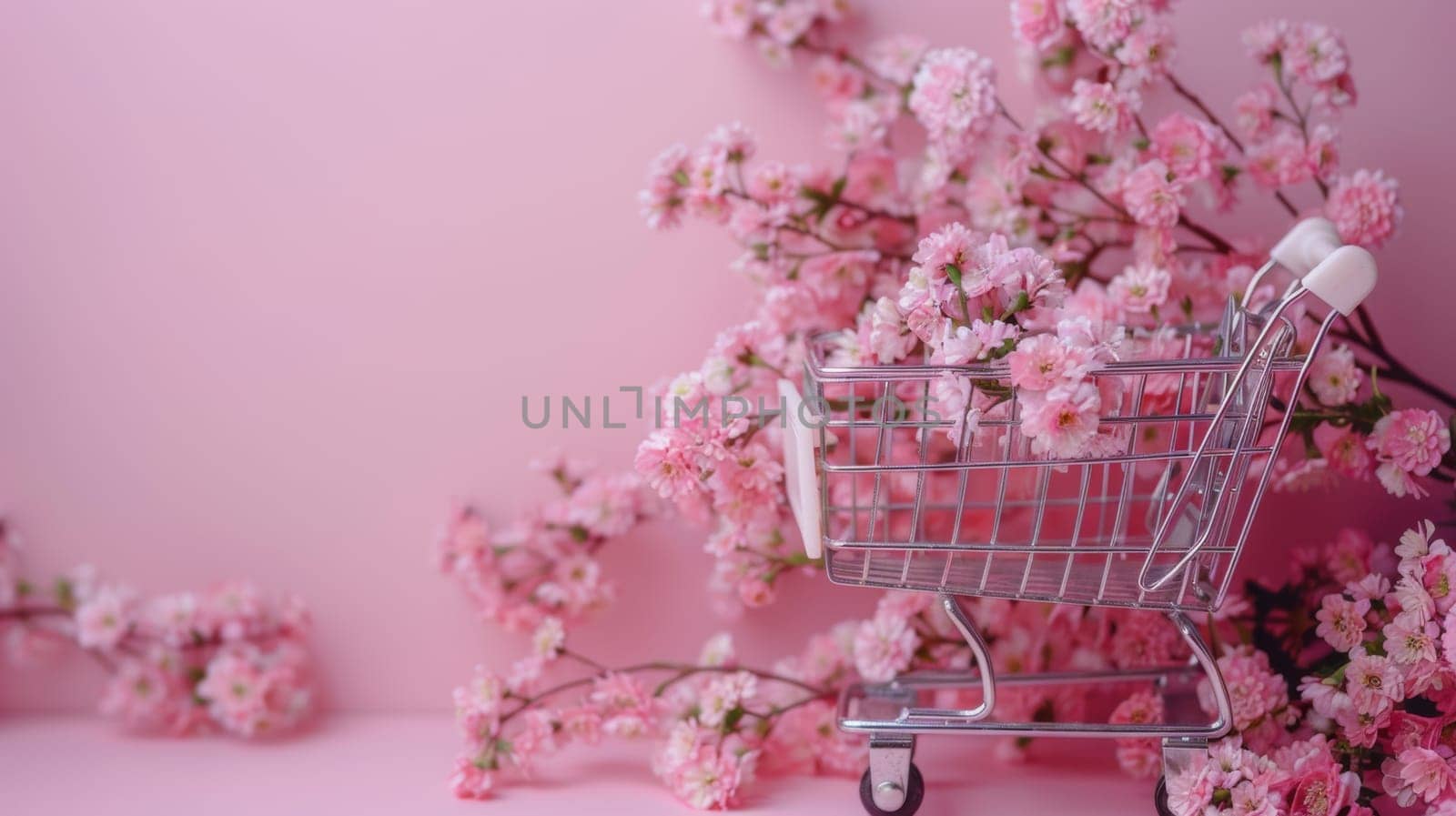 Miniature shopping cart with cherry blossoms on pink background.