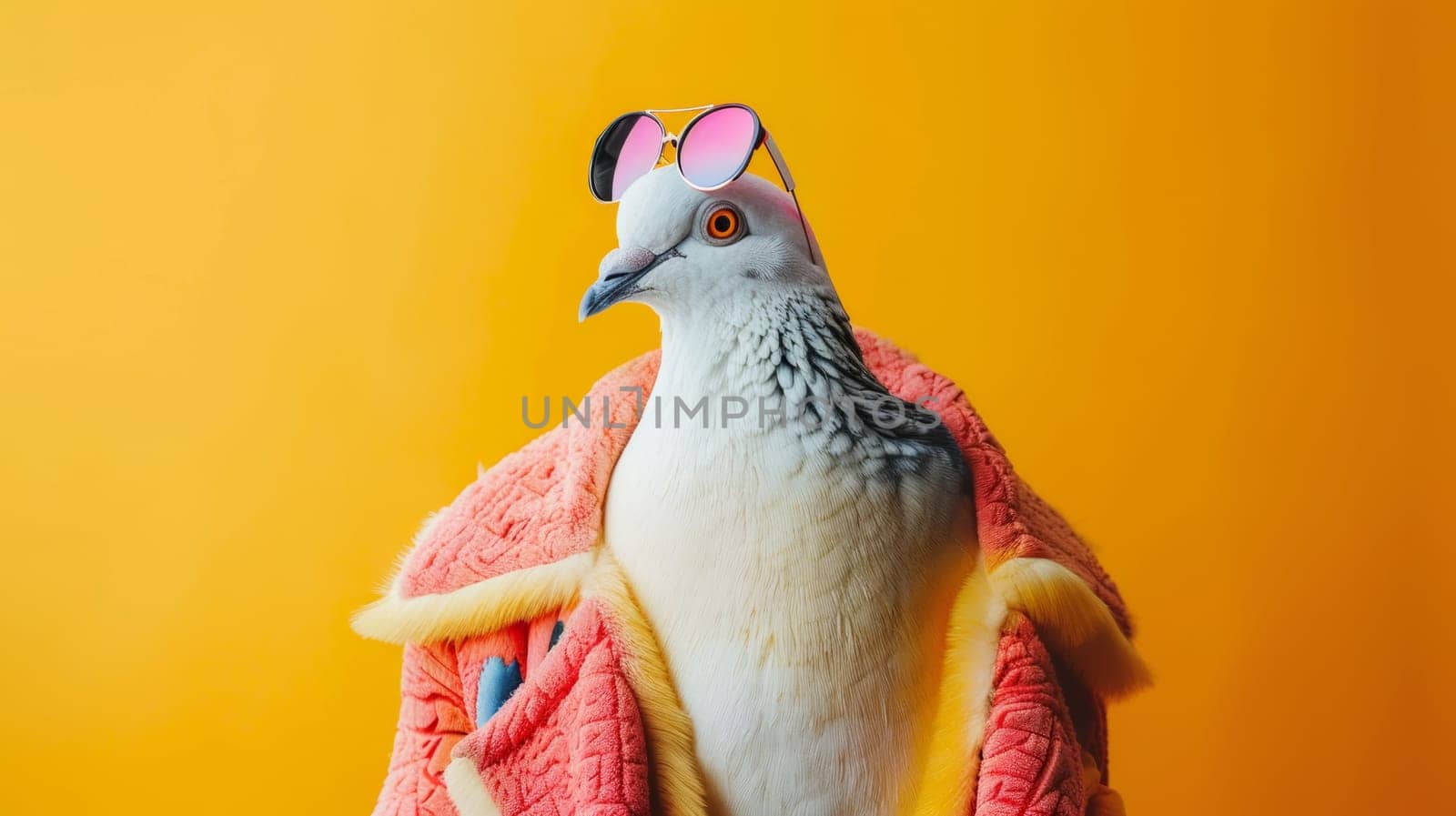 Pigeon dressed in a bathrobe and sunglasses.