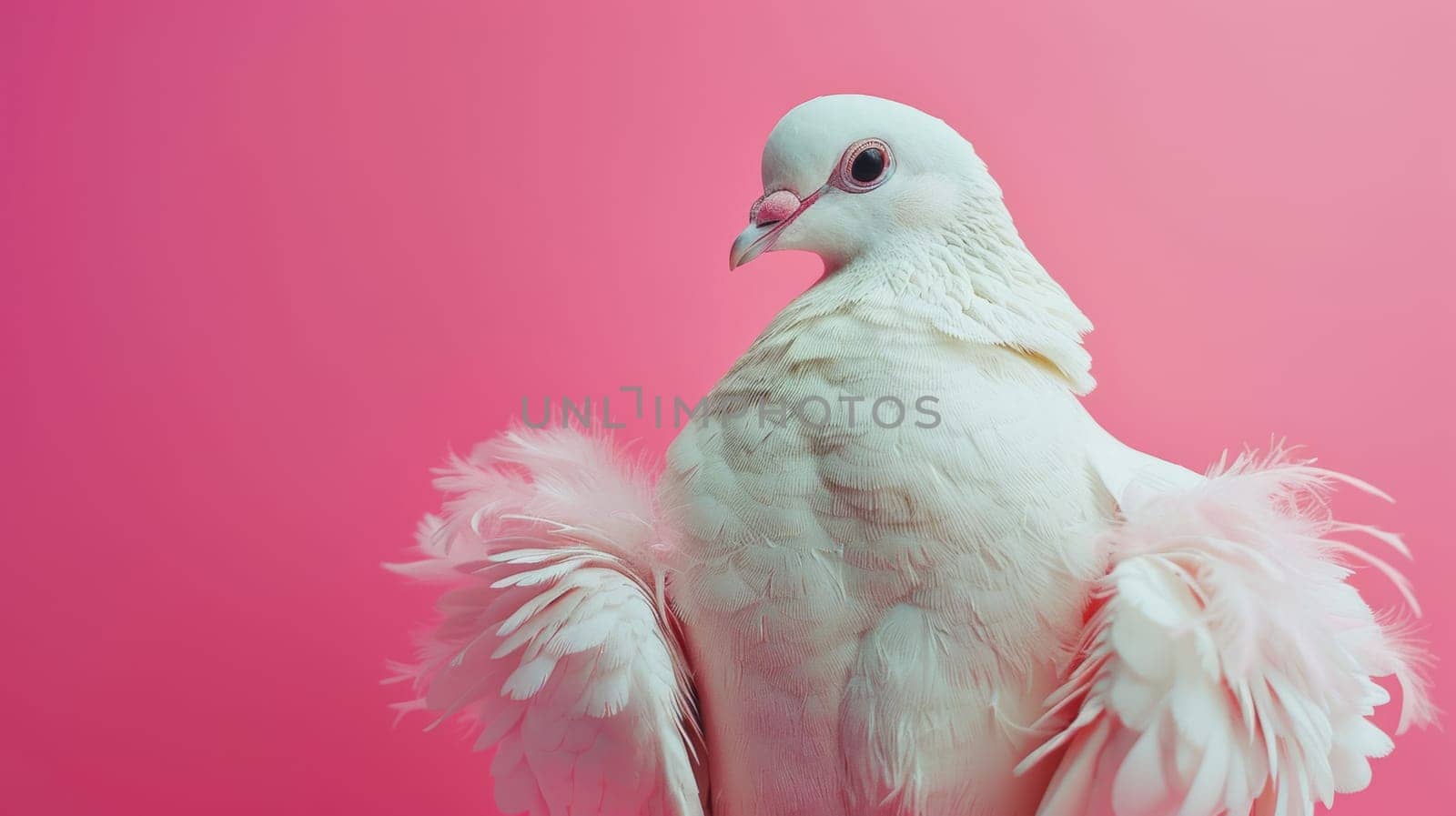 Portrait of a white pigeon against a pink background.