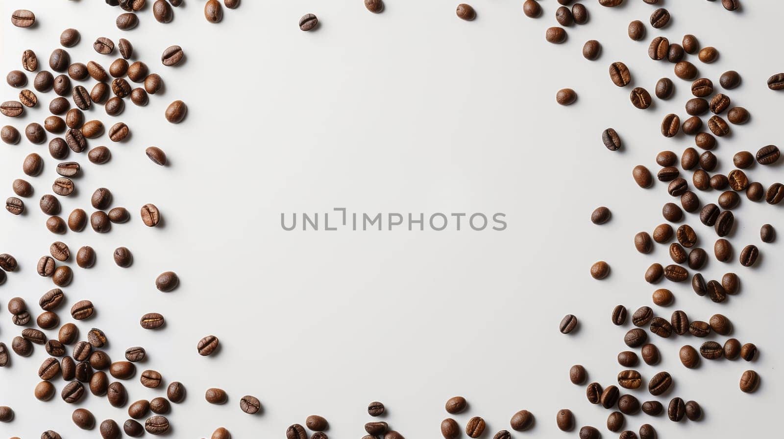 Scattered coffee beans on white background.