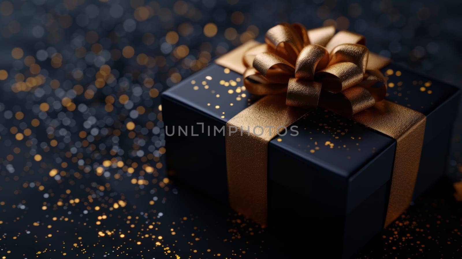 Elegant black gift box with golden ribbon.