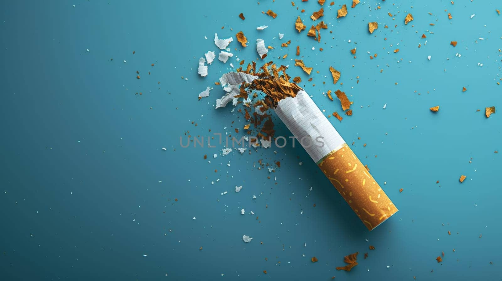 Shattered cigarette on a blue background.