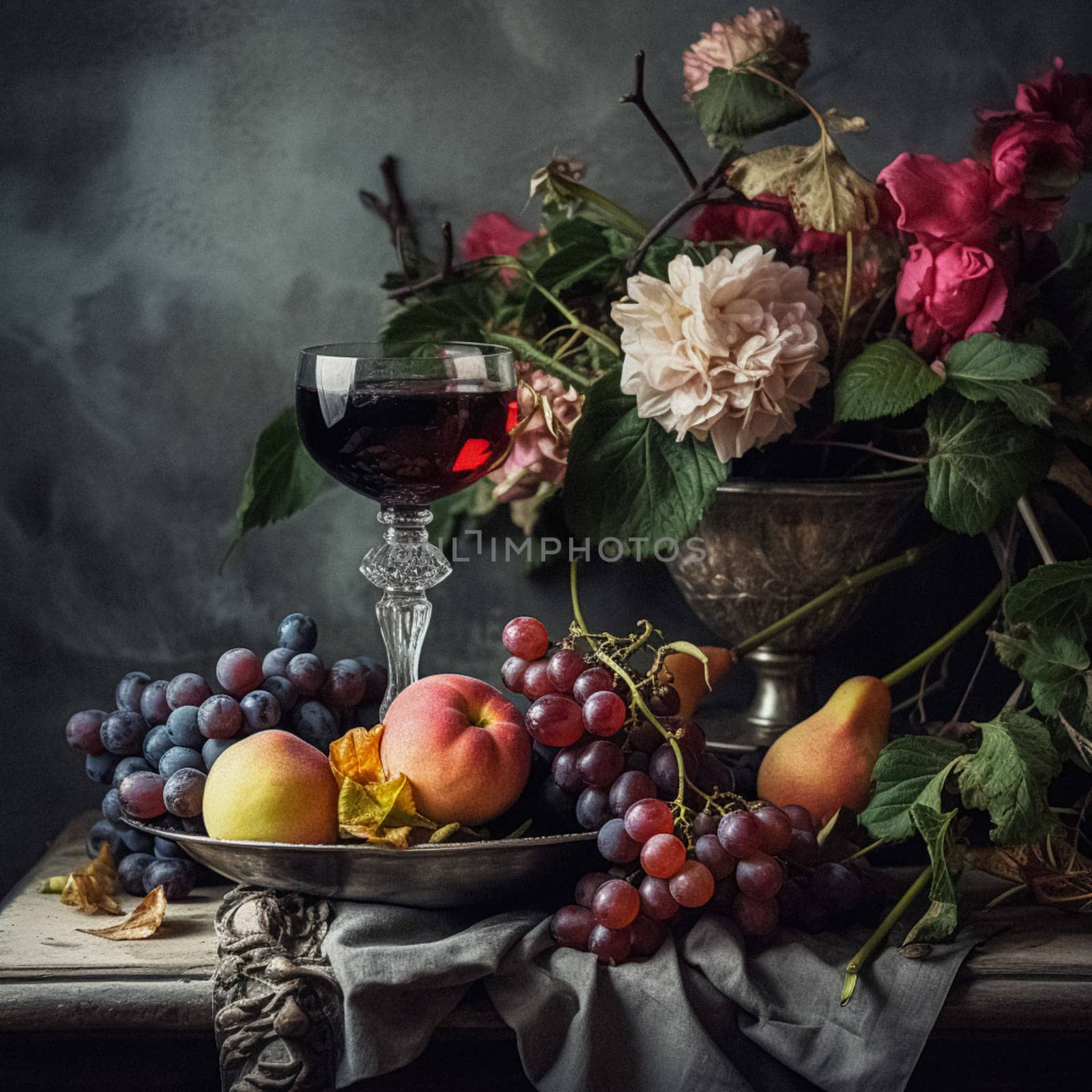 Classic still life composition with a rich arrangement of flowers and fresh fruits and a glass of wine, accented by lush, vintage floral elements