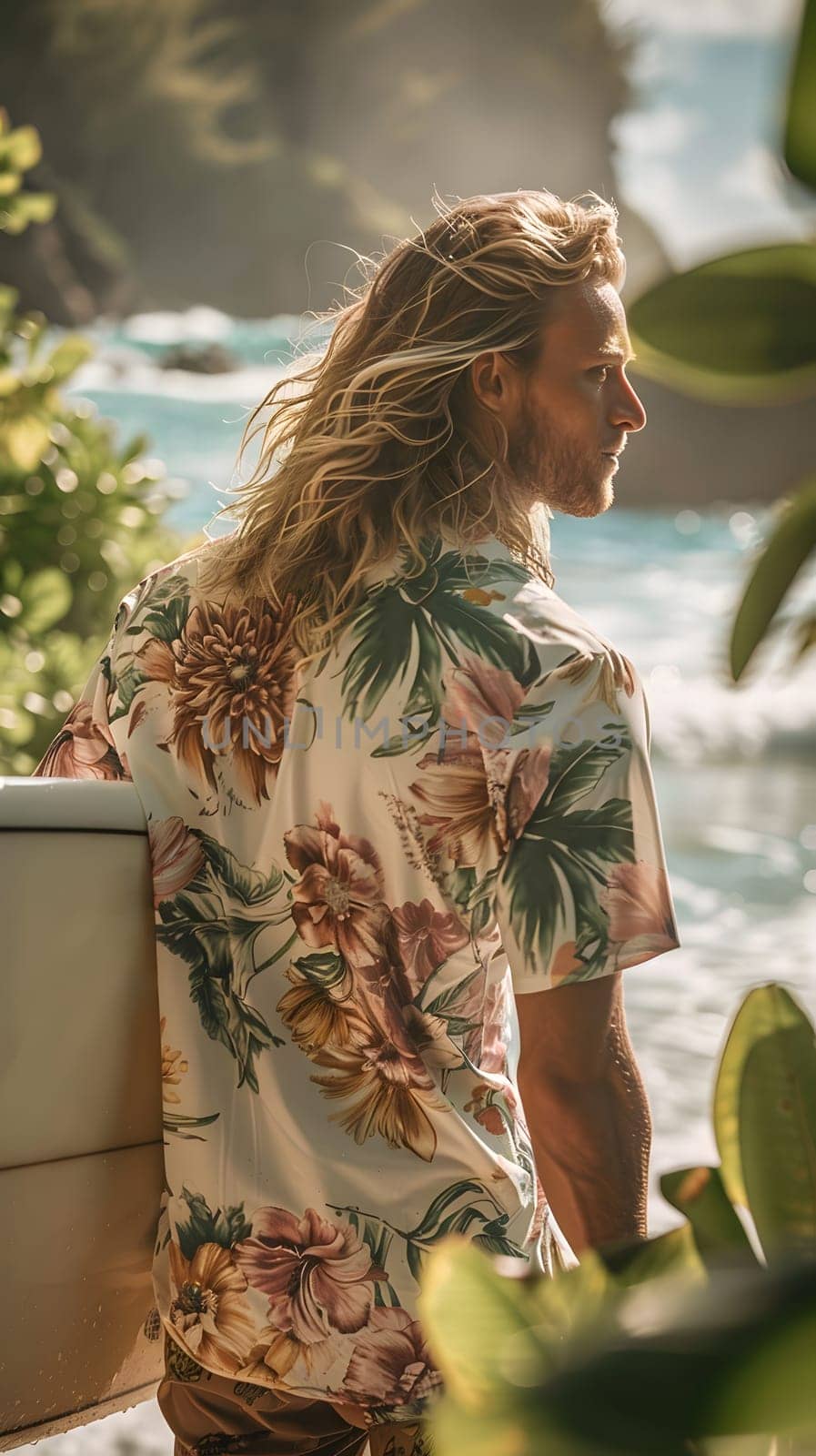 A man with long hair is happy, holding a surfboard on the beach. The wind blows his hair as he stands next to a tree and grass, with water in the background