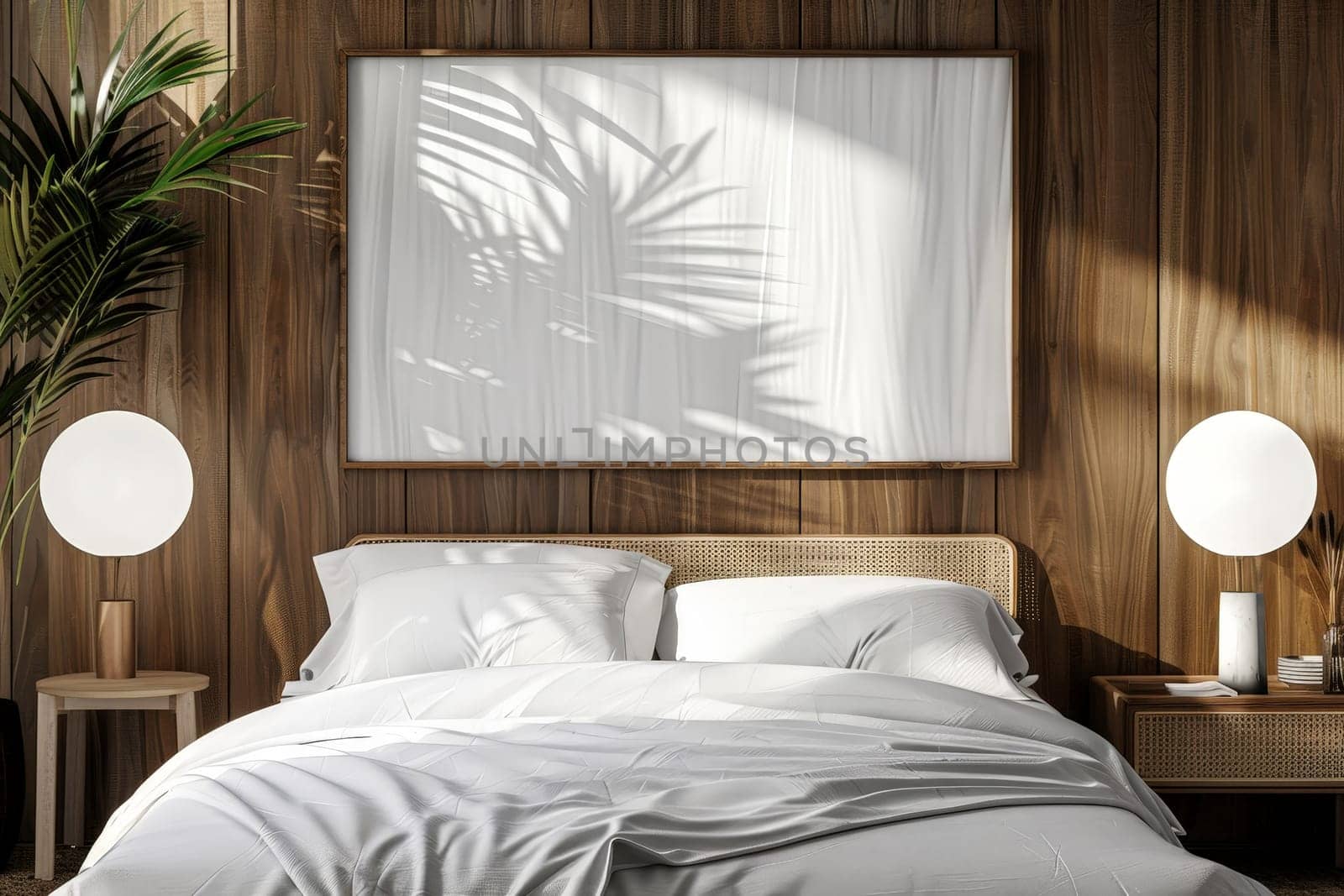 interior picture frame, mockup over bed in modern bedroom. Wall art mock-up. Generative AI. by matamnad