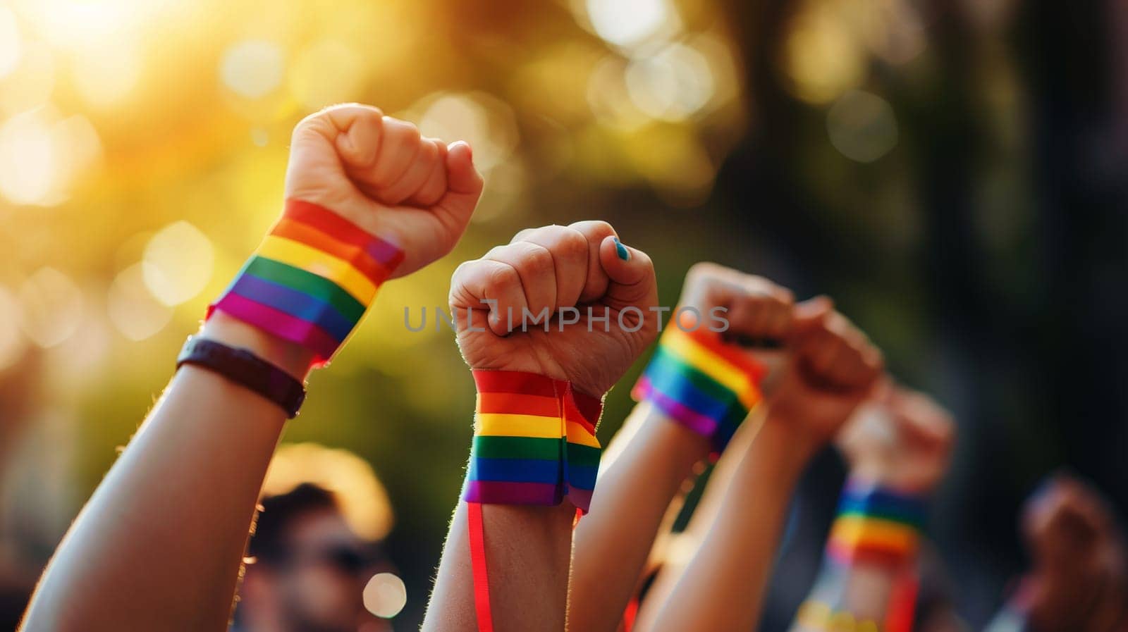 LGBT Pride Parade participants doing fist pumping, celebrating LGBTQ festival . AI generative by matamnad