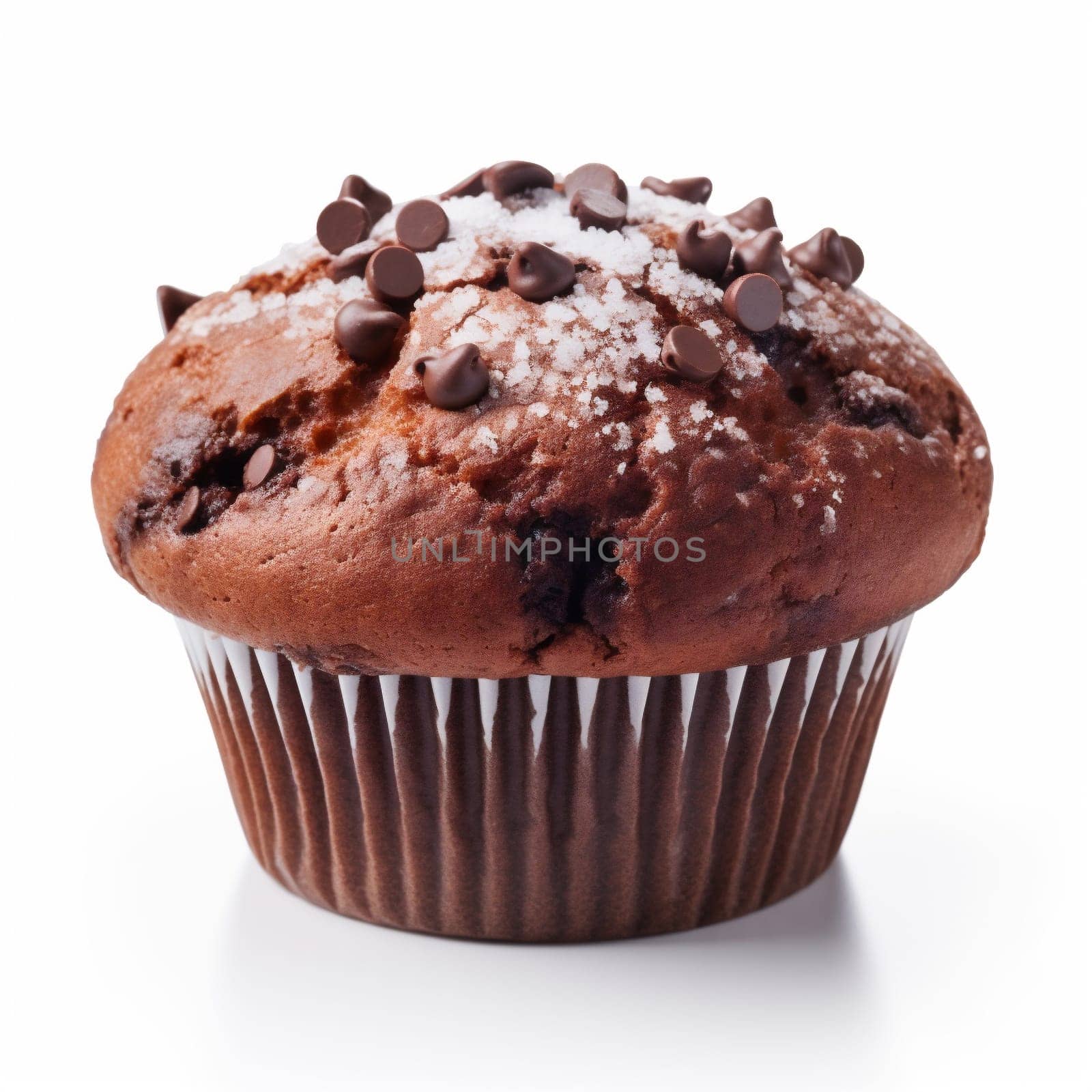 Fresh Baked Single Chocolate Muffin Isolated on White Background. Chocolate Muffin with Chocolate Chip in a Paper Muffin Cup.