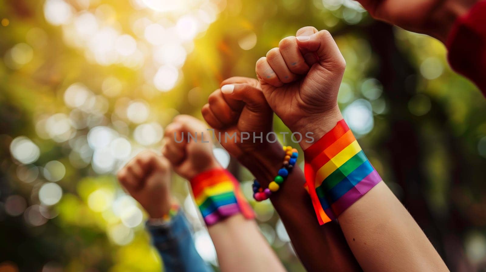 LGBT Pride Parade participants doing fist pumping, celebrating LGBTQ festival . AI generative by matamnad