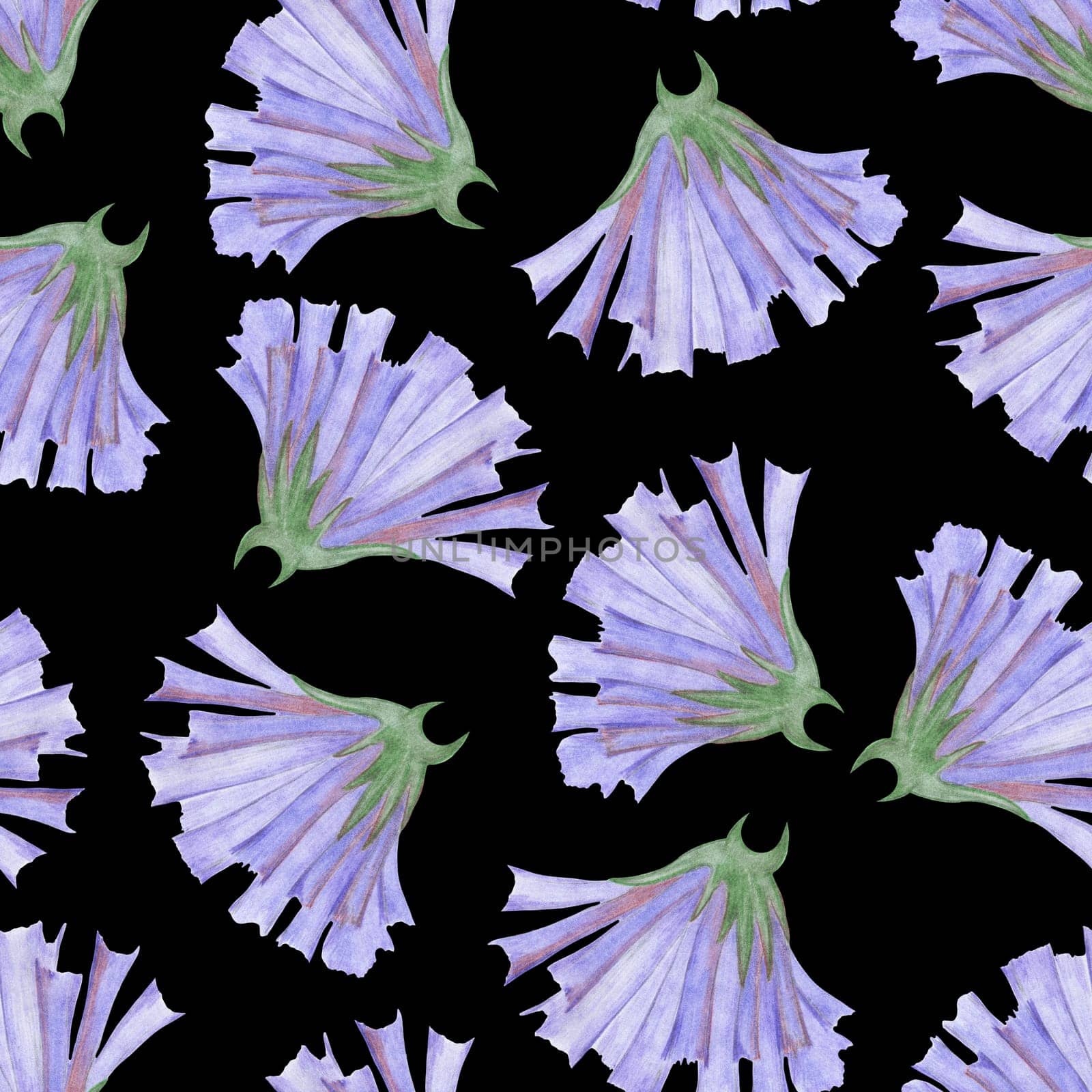 Simple Cornflower Floral Seamless Pattern on a Black Background. by Rina_Dozornaya