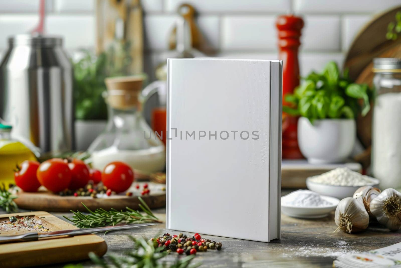 a white book for mockup on Different ingredients in kitchen background .Generative ai ,.