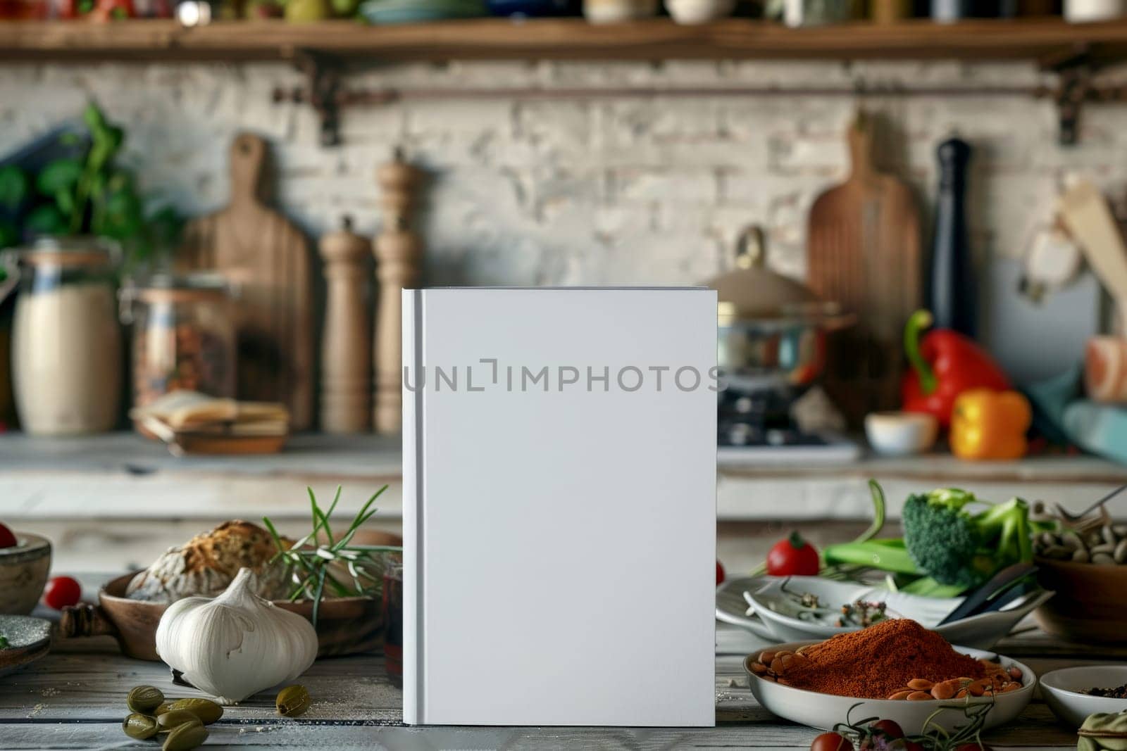 a white book for mockup on Different ingredients in kitchen background .Generative ai , by matamnad