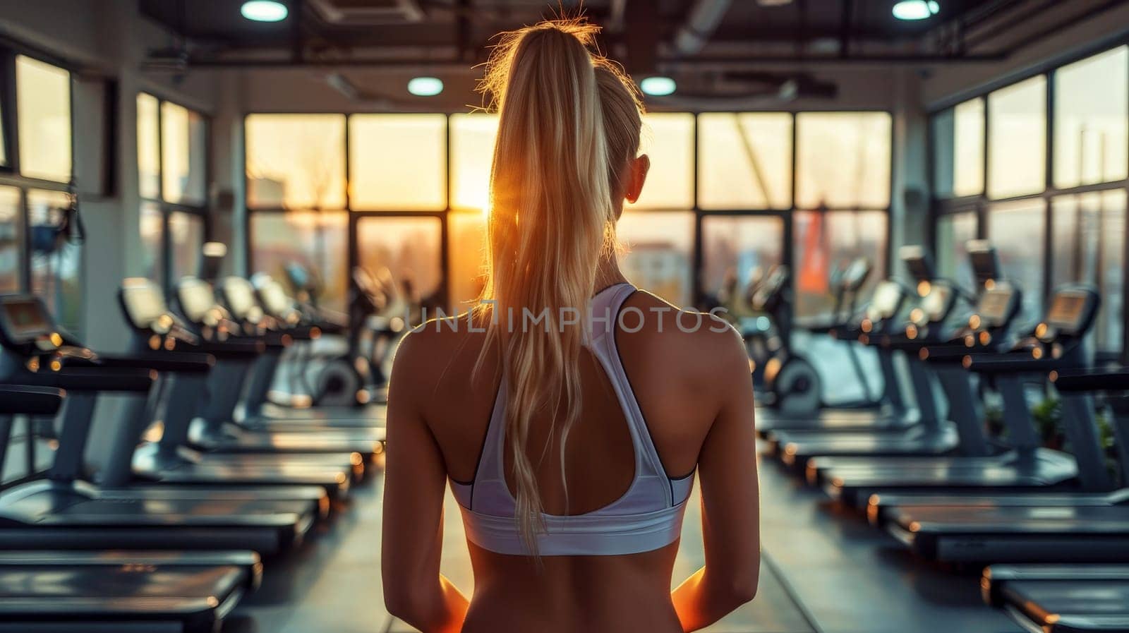 A woman with long hair is standing in a gym.ai generative by matamnad