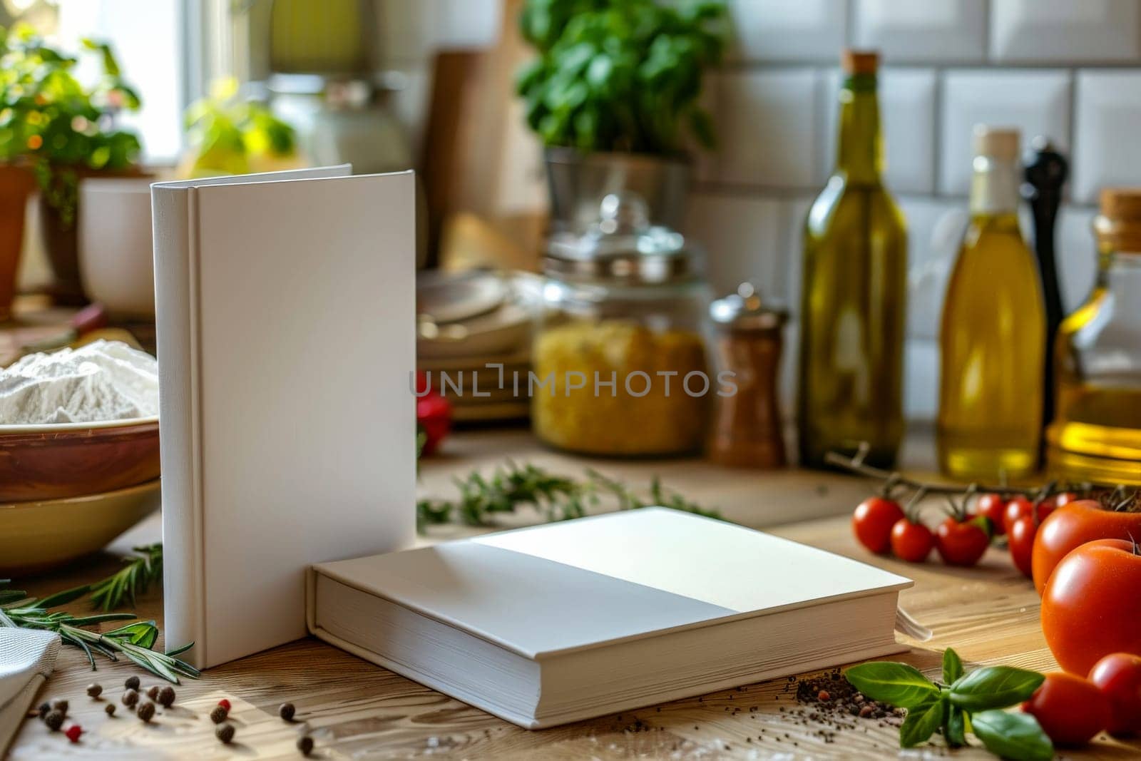 a white book for mockup on Different ingredients in kitchen background .Generative ai , by matamnad