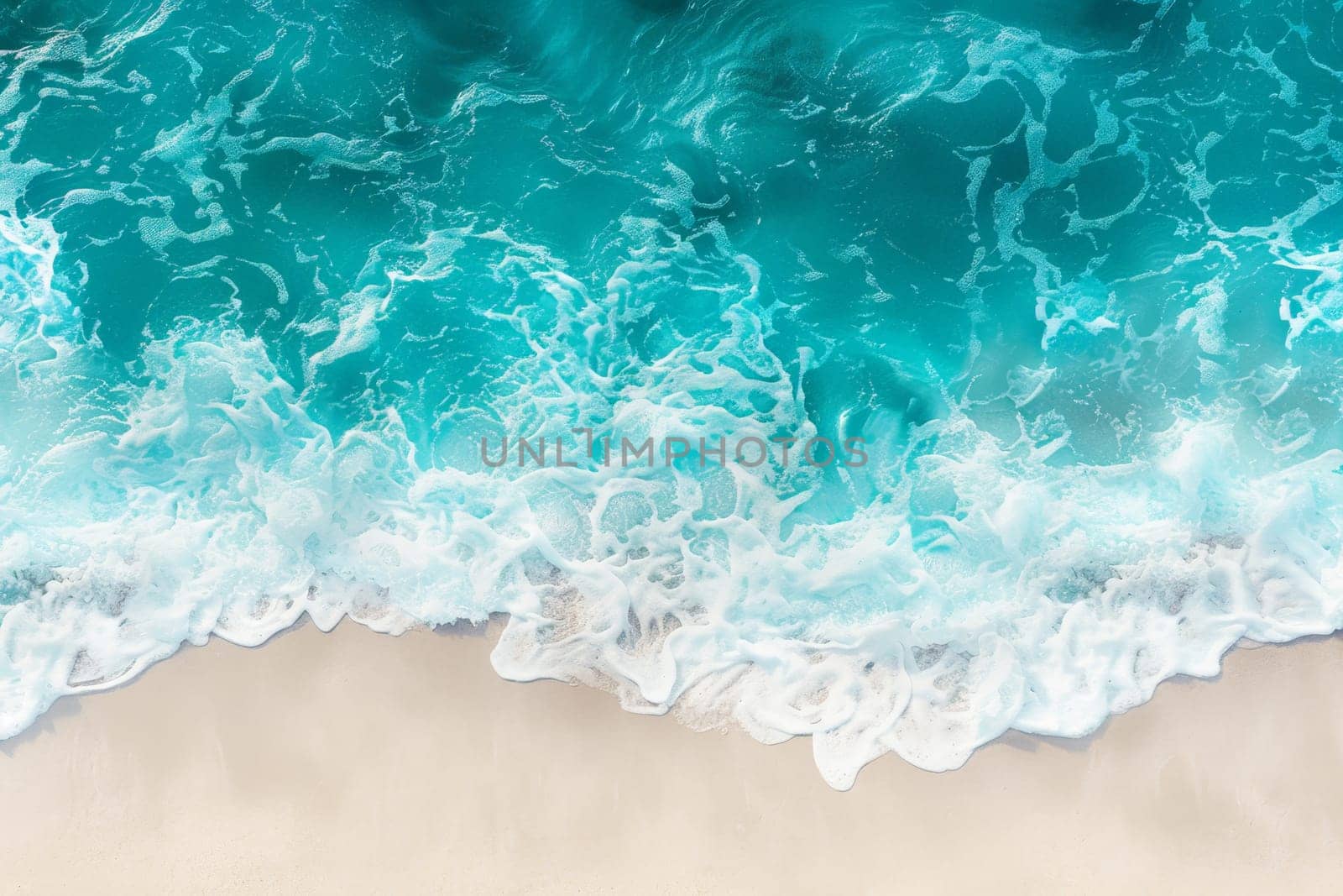 Beautiful tropical wave of summer sea surf. Soft turquoise blue ocean wave on the golden sandy beach, generative AI.