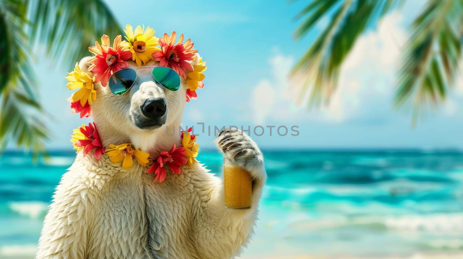on beach, polar bear character with fresh cold drink in tropical summer vacation, Generative AI by matamnad