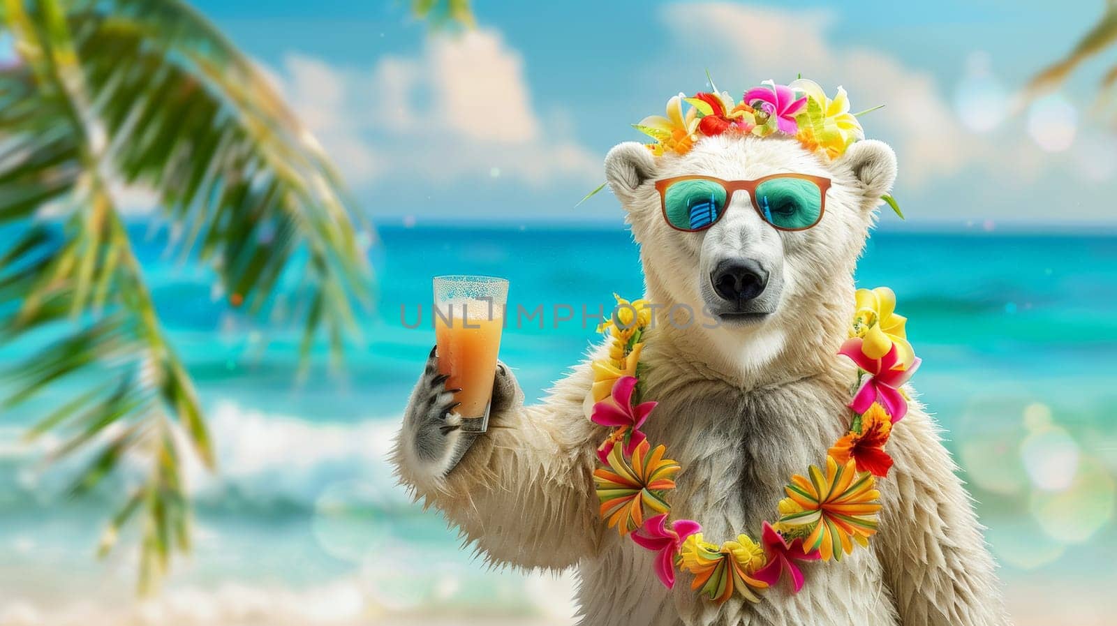 on beach, polar bear character with fresh cold drink in tropical summer vacation, Generative AI by matamnad