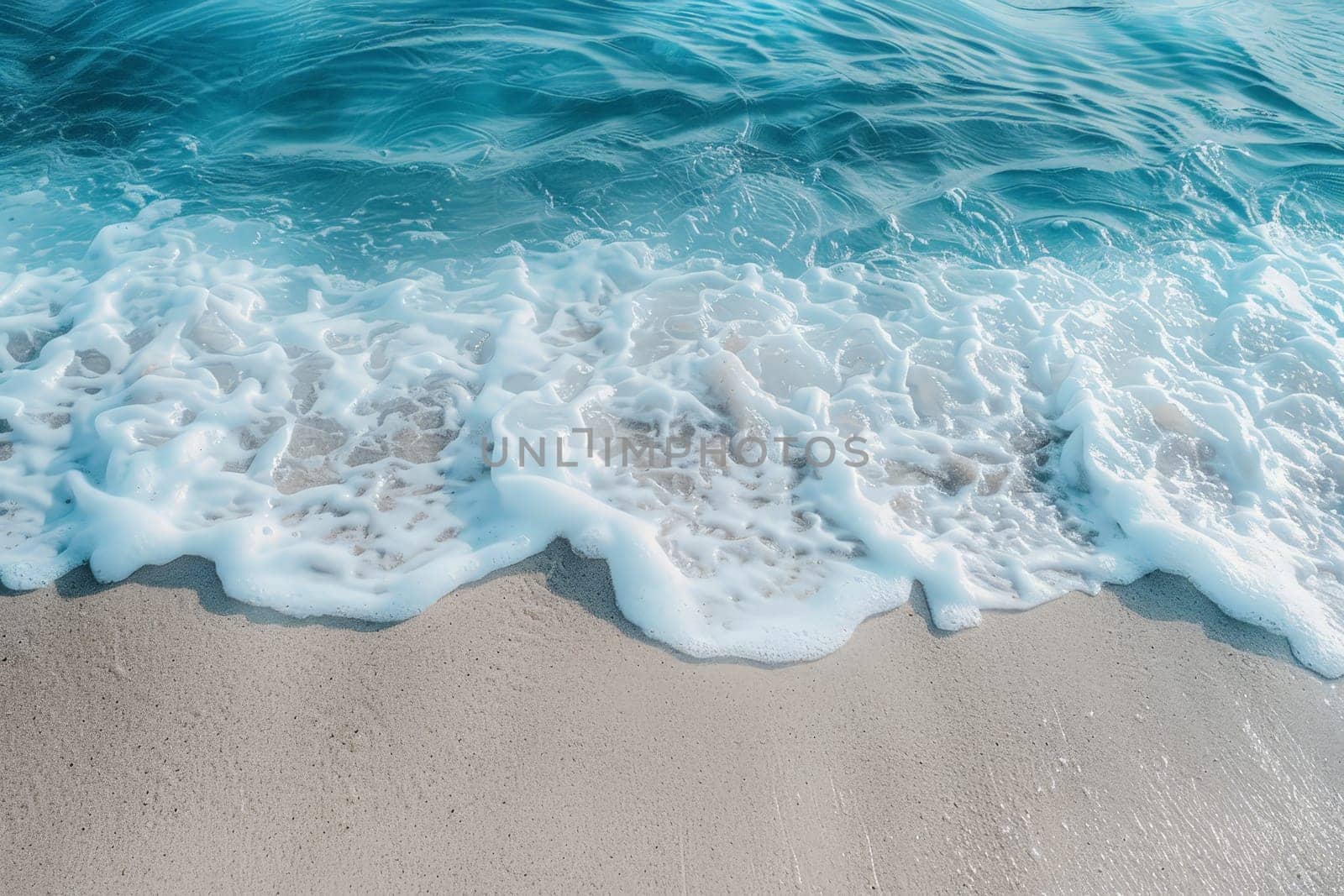 Beautiful tropical wave of summer sea surf. Soft turquoise blue ocean wave on the golden sandy beach, generative AI by matamnad