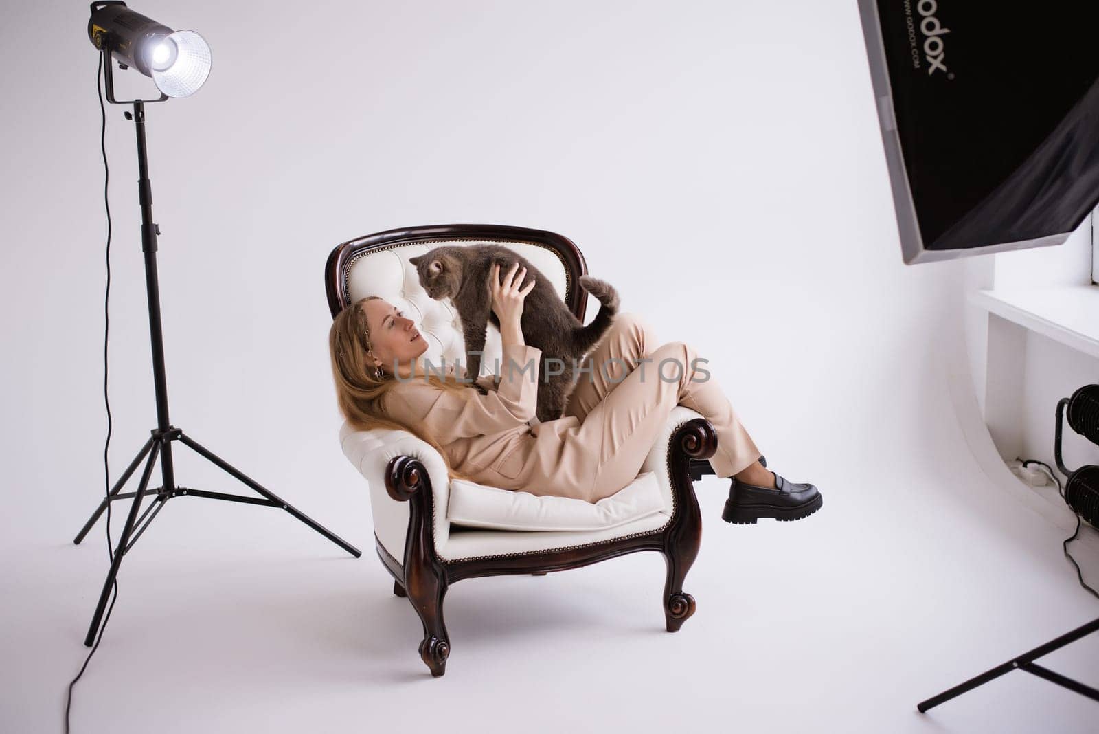 Female blogger, blonde on chair with domestic cat scottish straight in white photo studio. Dressed in a formal beige trouser suit