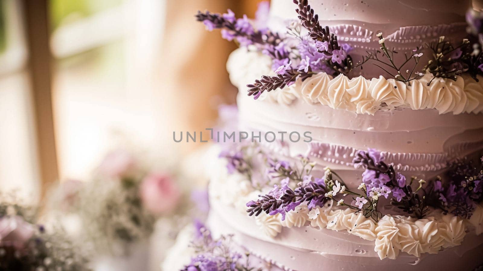 Wedding table decoration with lavender flowers, sweets, cake and candles