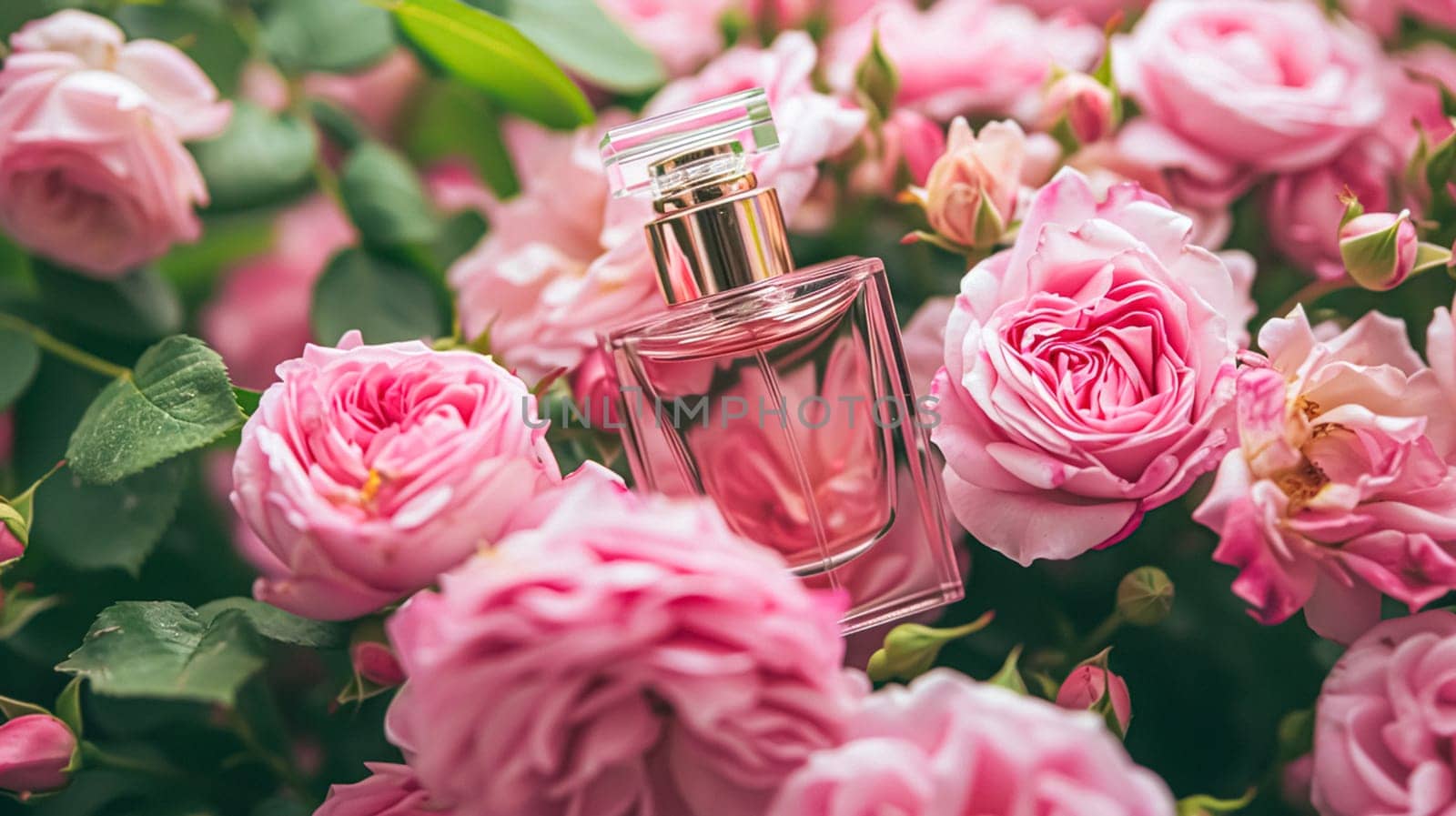 Perfume bottle with beautiful flowers. Beauty concept. Flat lay, top view by Olayola