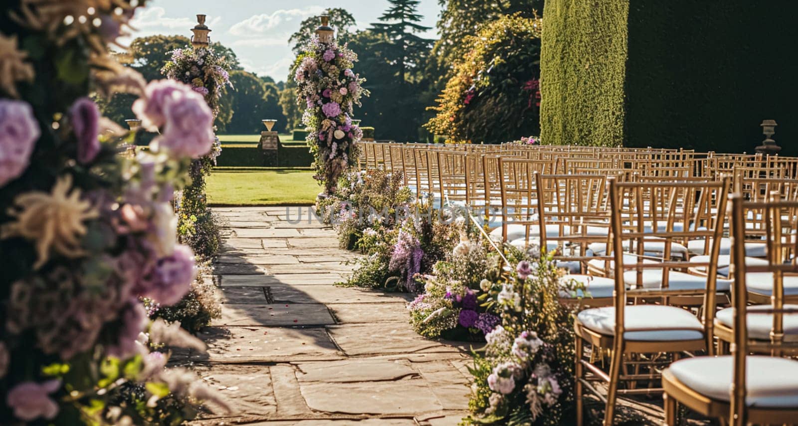 Wedding Ceremony Decorated with Lavender Flowers in the garden by Olayola