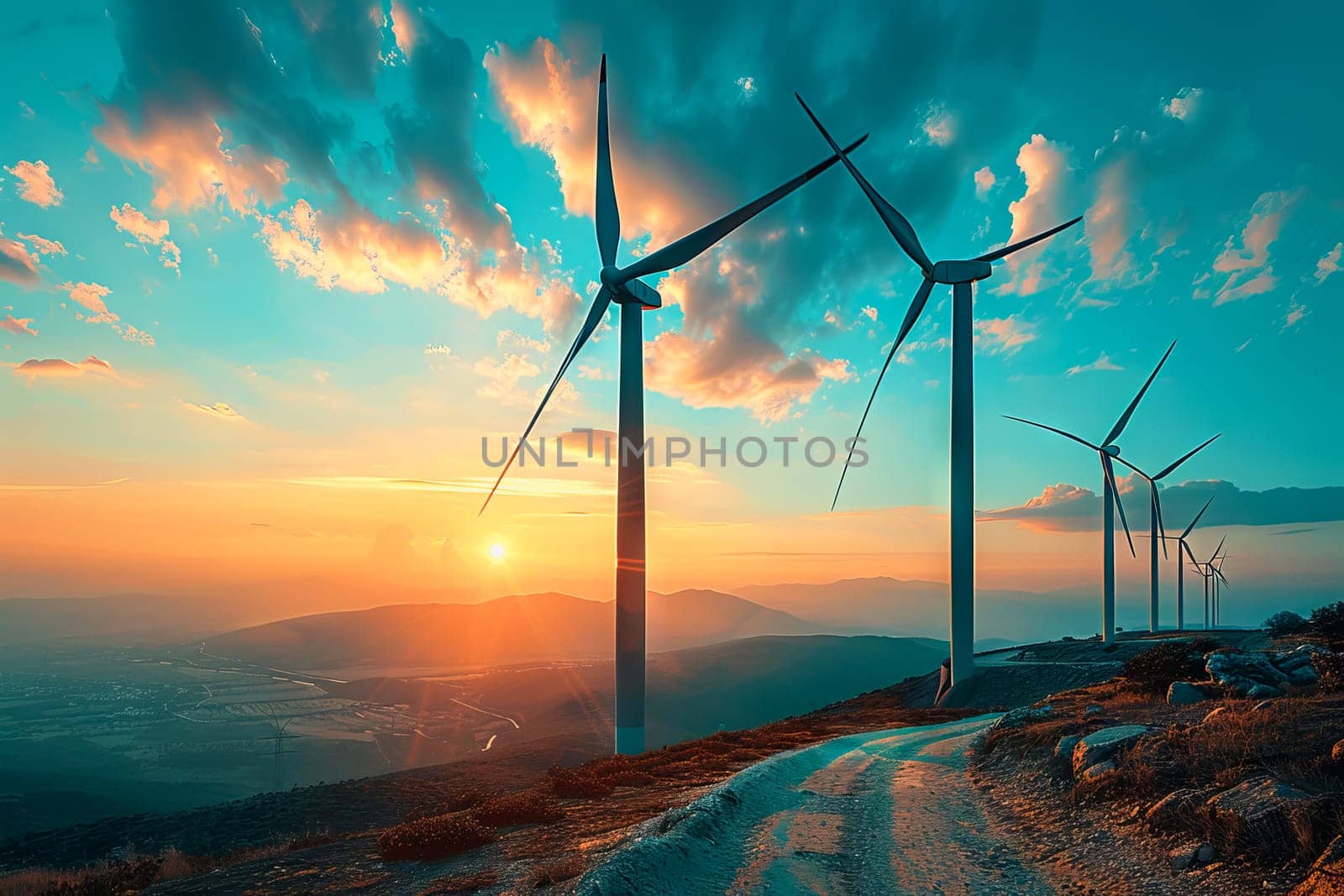 Wind power plant and technology. Smart grid. Renewable energy. Sustainable resources by Manastrong