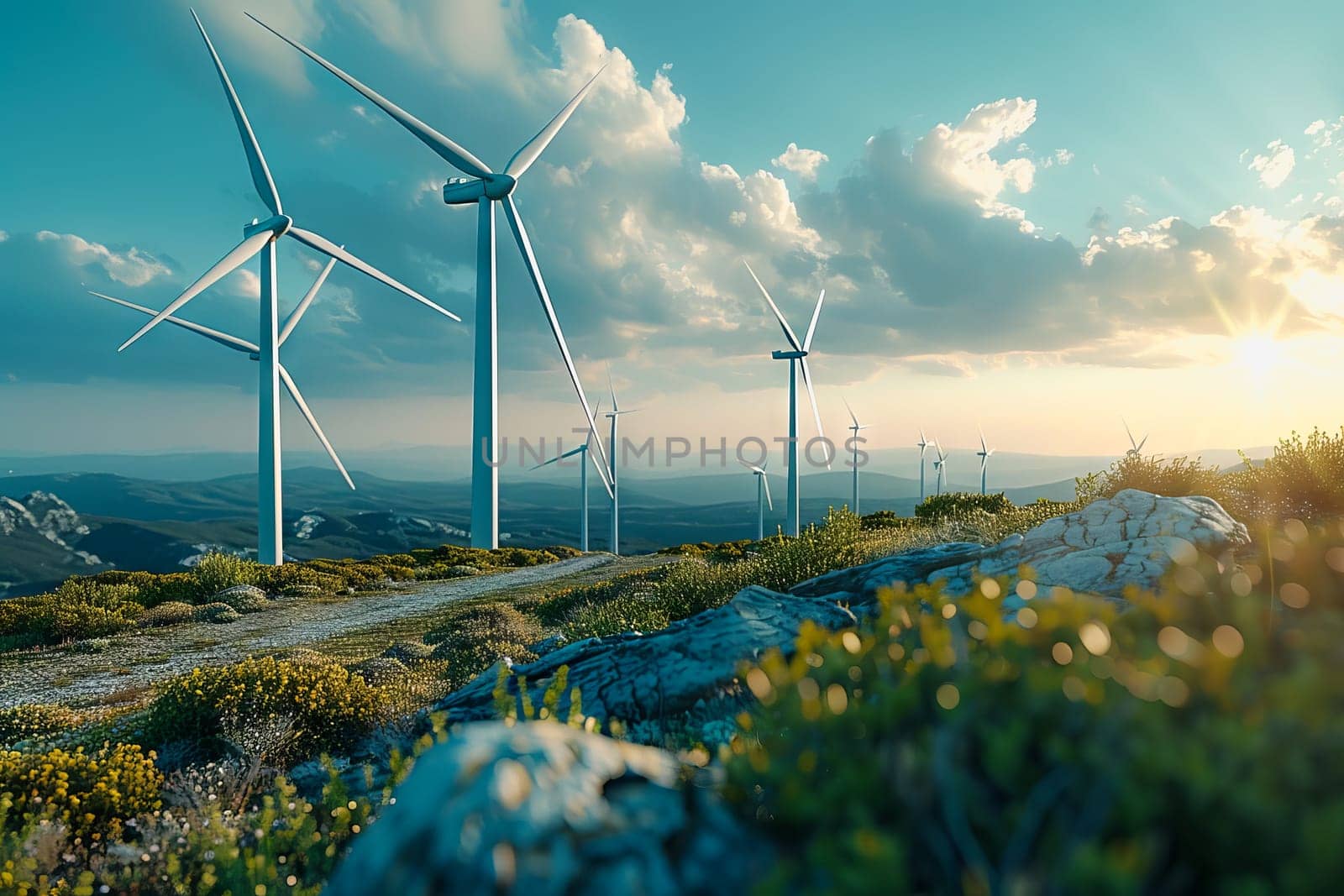 Wind power plant and technology. Smart grid. Renewable energy. Sustainable resources by Manastrong