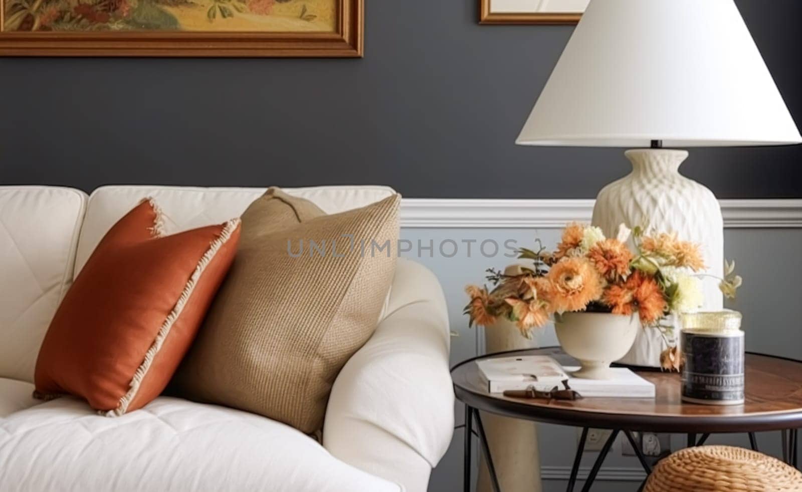 Autumnal home decor and interior design, furniture and interior decoration accessories, soft furnishings, upholstery and textiles in English country house and elegant cottage style, post-processed, generative ai