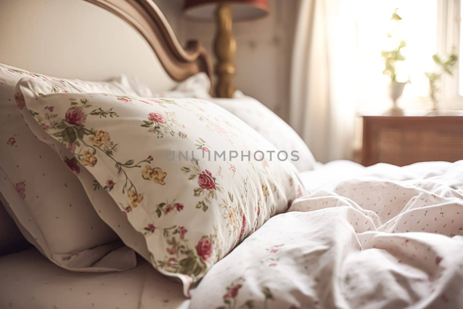 Country bedroom decor, interior design and holiday rental, bed with elegant bedding and antique furniture, English country house and cottage style, post-processed, generative ai