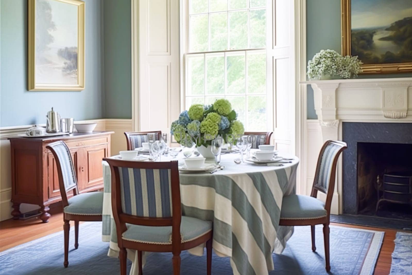 Dining room decor, interior design and house improvement, elegant table with chairs, furniture and classic blue home decor, country cottage style by Anneleven