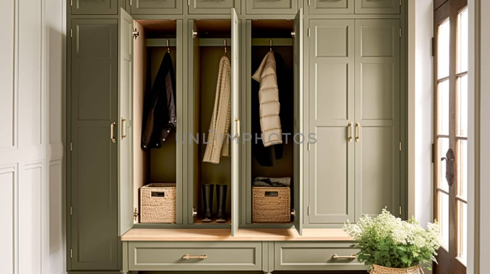 Earthy green cottage dressing room decor, interior design and country house home decor, boot room or walk-in wardrobe furniture, English countryside style interiors