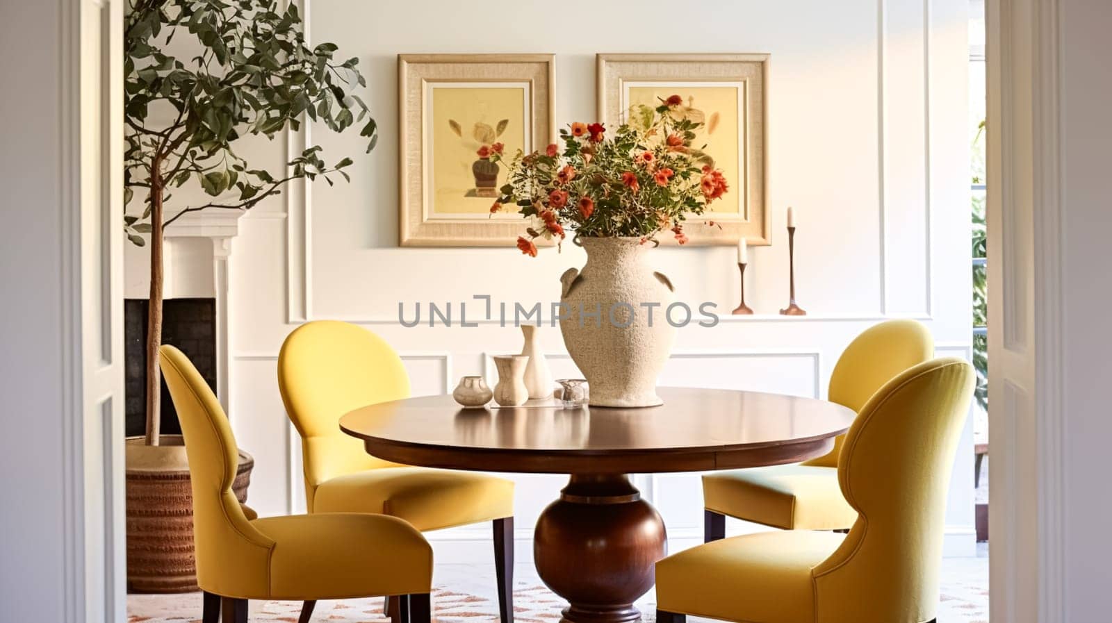 Modern cottage dining room decor, interior design and country house furniture, home decor, table and yellow chairs, English countryside style interiors