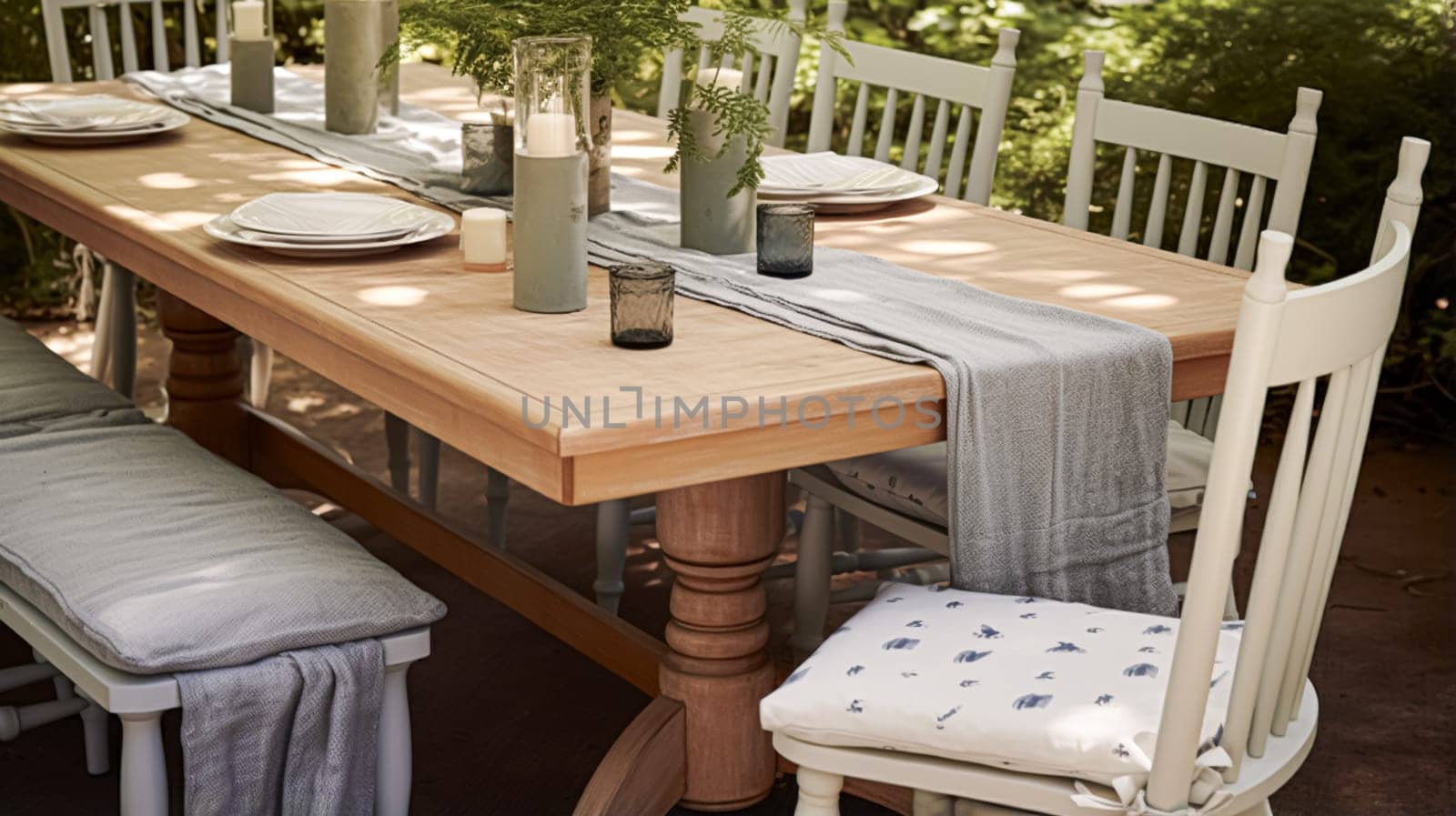 Farmhouse outdoor dining furniture, interior design and garden, wooden table with chairs, furniture and home decor, country cottage style interiors
