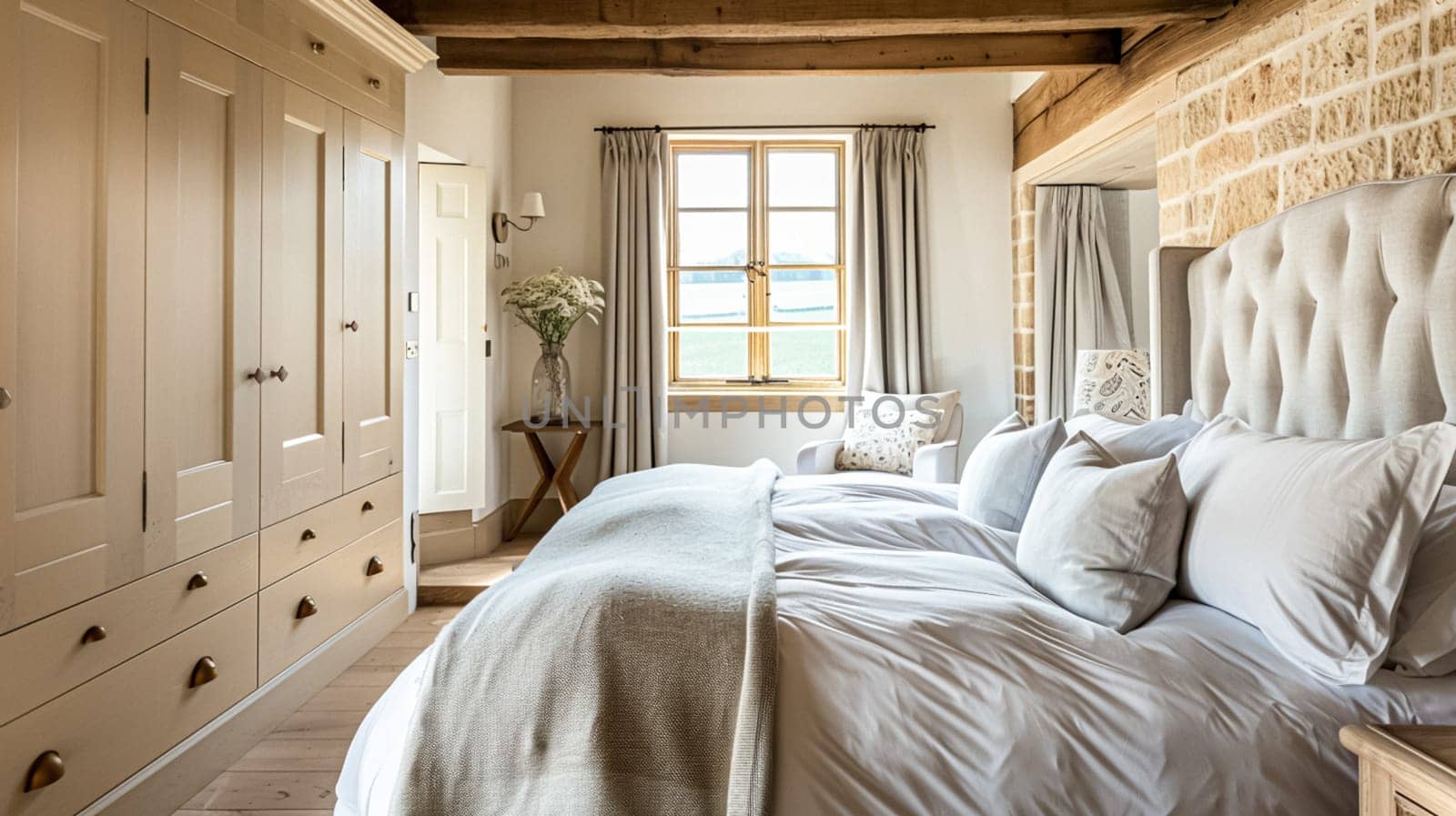 Cotswolds cottage style bedroom decor, interior design and home decor, bed with elegant bedding and bespoke furniture, English countryside house or holiday rental