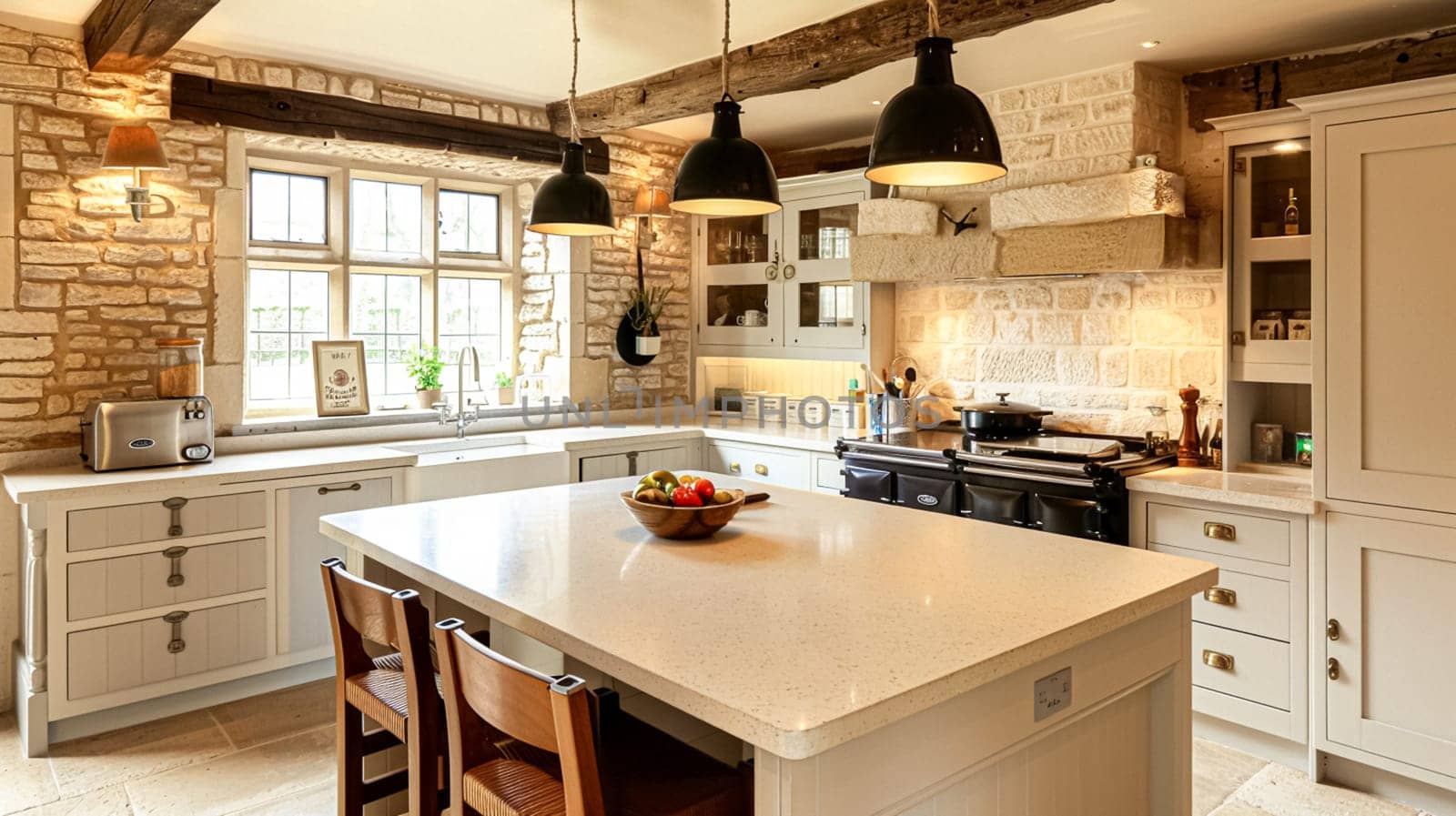 Cotswolds cottage style kitchen decor, interior design and country house, in frame kitchen cabinetry, sink, stove and countertop, English countryside styling by Anneleven