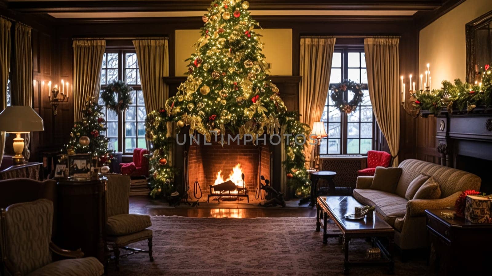 Christmas at the manor, English countryside decoration and festive interior decor