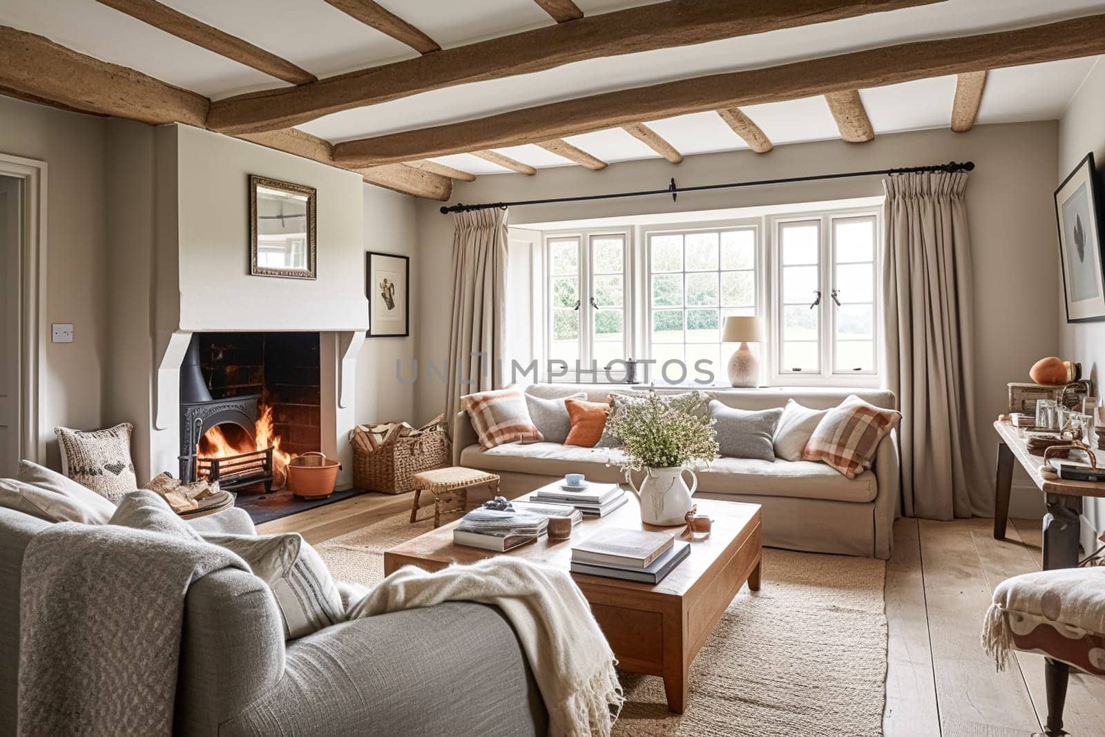 Modern cottage sitting room with fireplace, living room interior design and country house home decor, sofa and lounge furniture, English countryside style interiors