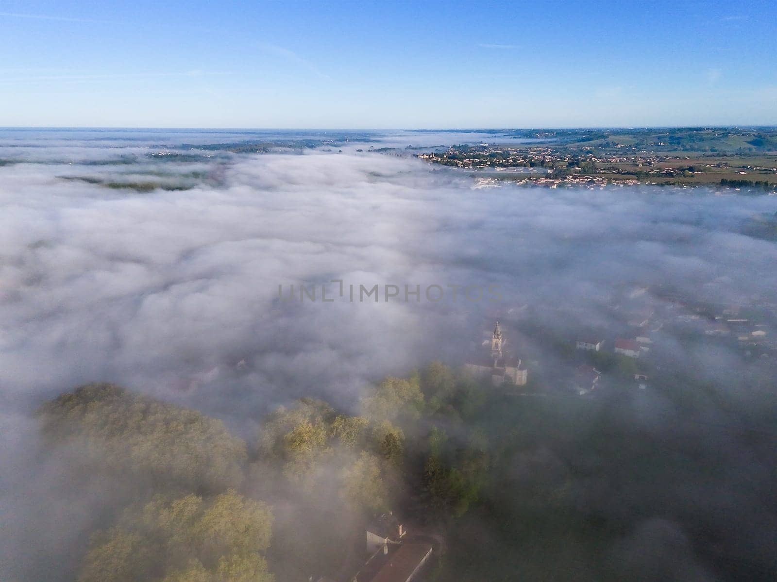 Aerial view of Bordeaux vineyard at sunrise spring under fog, Loupiac, Gironde, France by FreeProd